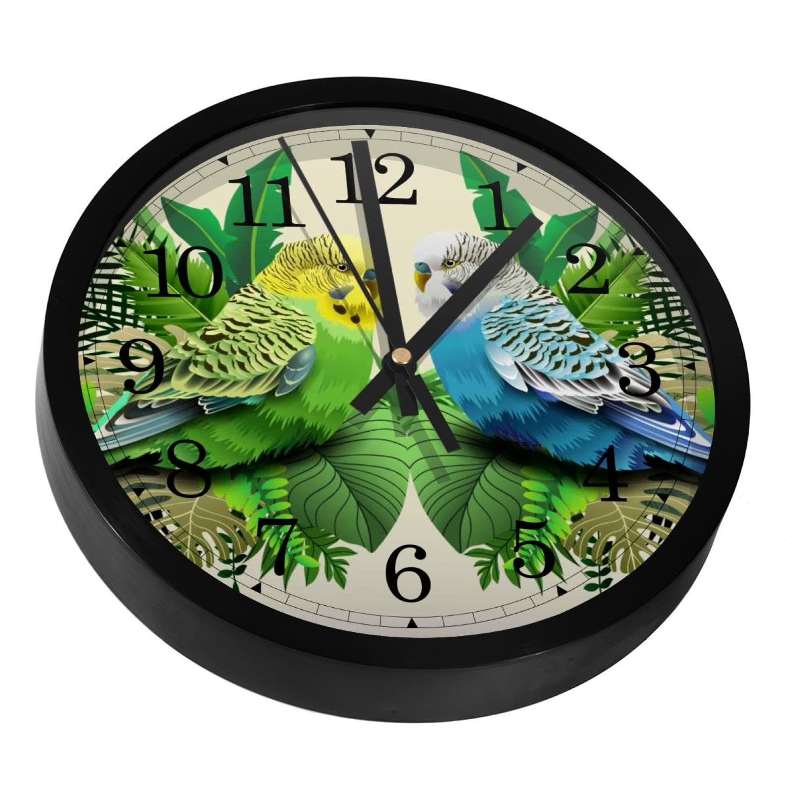 VAPOKF Green and Blue Budgie in Leaves Non-Ticking Wall Clocks, Battery Operated Silent Wall Clock for Bedroom Living Kitchen Office Home Art Decor