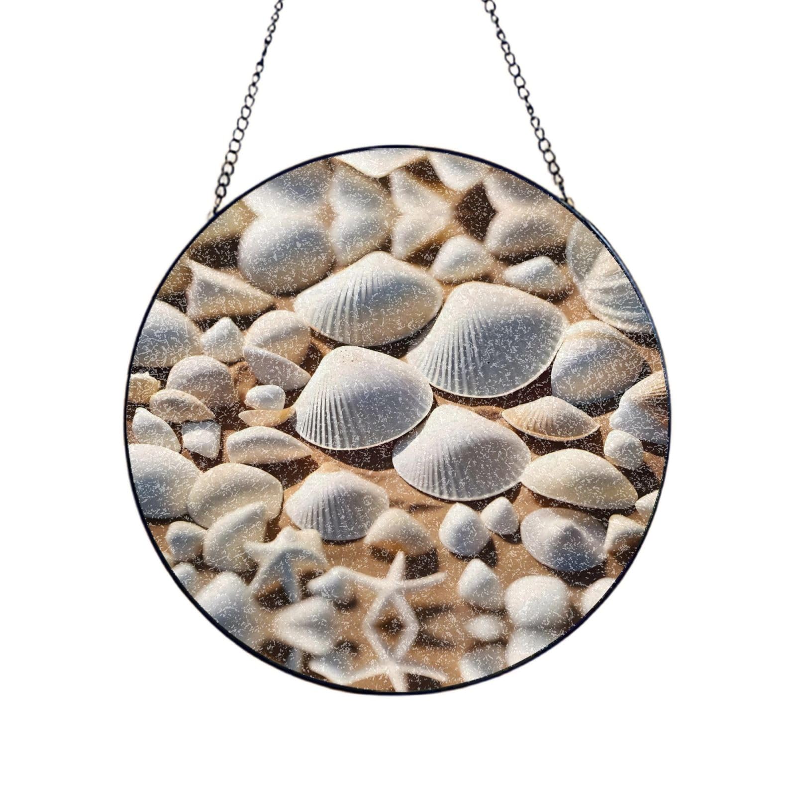Phayah Seashells By The Beach Print Stained Glass Window Hanging Suncatcher For Door Terrace Garden Home Decor Sun Catcher Birthday Gifts For Lovers Dad Mom 6in（15cm）