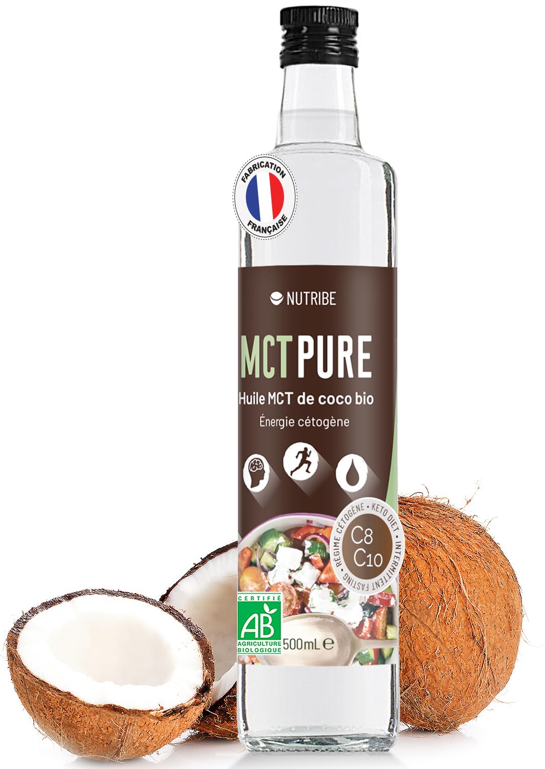 Huile MCT Pure C8 C10 BIO 100% Pure par Distillation | Nutribe Laboratoire en France | Concentration, Bien-Être cérébral, Intestin, Soutien du Métabolisme