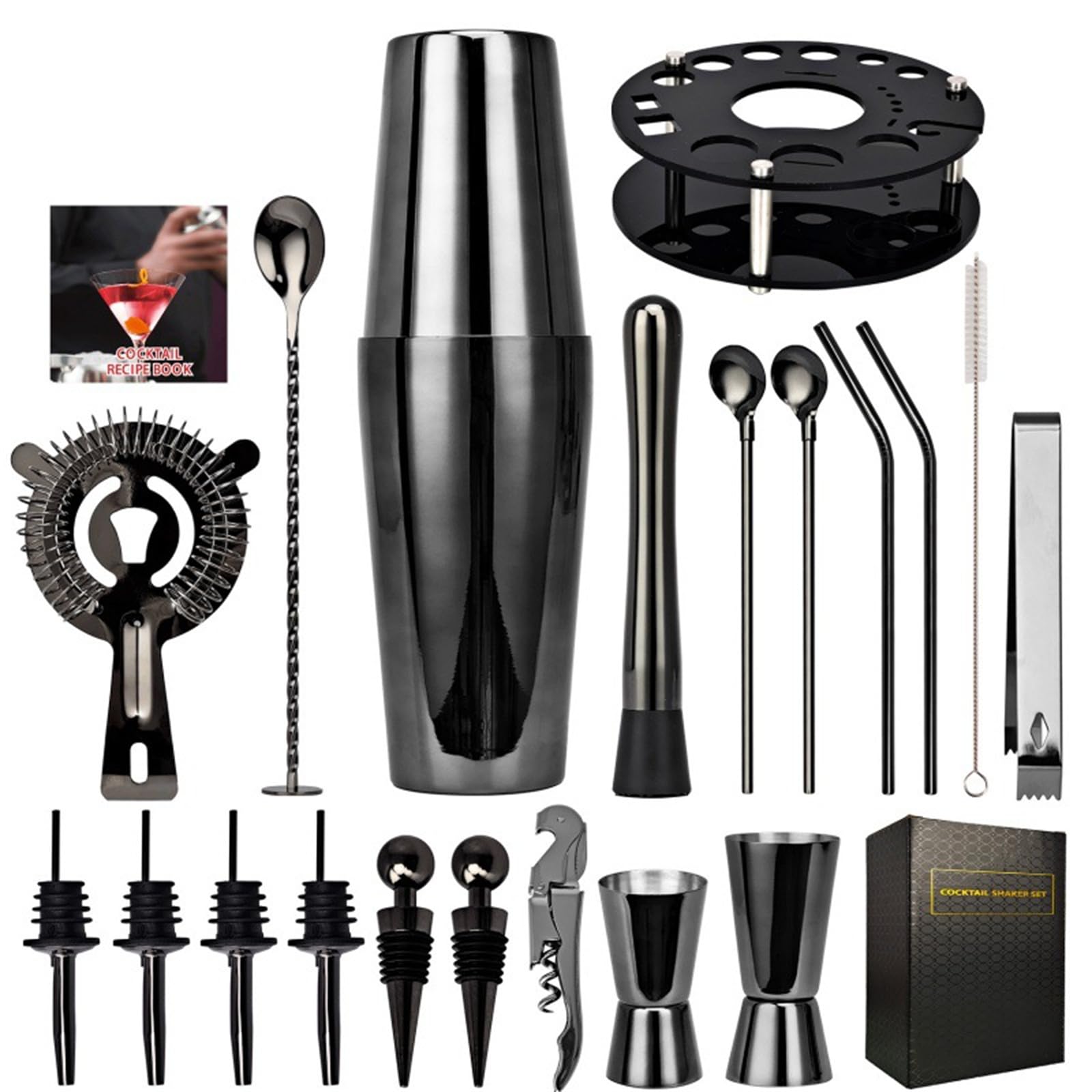 Zenithia 20 pièces Shaker à Cocktail avec Support tournant,Shaker en Acier Inoxydable Ensemble,Agitateur à Cocktail,Kit de Barman Professionnel,Outils de Bar à la Maison pour Mélanger des Boissons