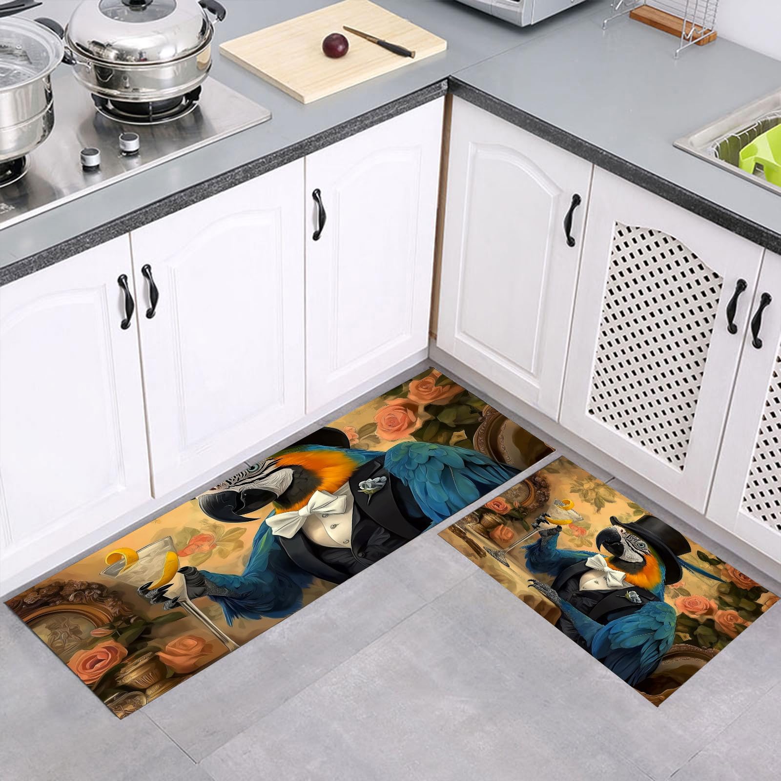 Alfombras de cocina lavables a máquina con base antideslizante y elegante diseño de loro vintage
