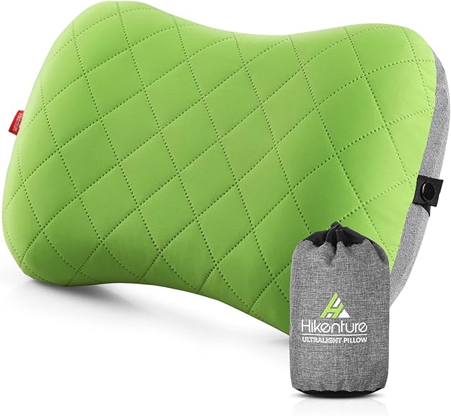 HIKENTURE nadmuchiwana poduszka kempingowa/podróżna ze zdejmowaną poszewką na poduszkę, ergonomiczna poduszka pod głowę, wygodna poduszka na kark do podróży / na zewnątrz (zielona)