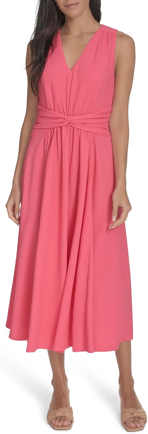Calvin Klein Womens Sleeveless V-Neck Gathered A-line Midi Dress