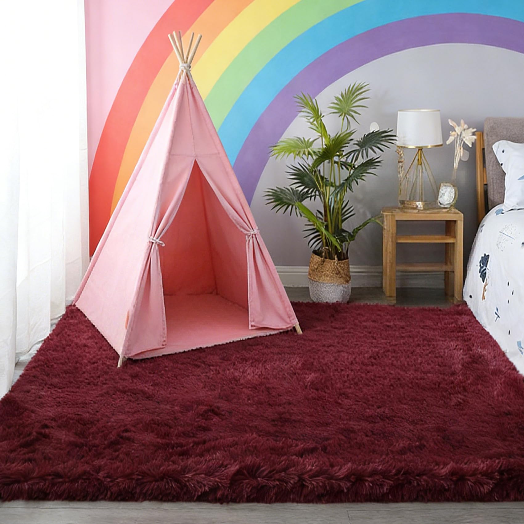Schlafzimmer Klein Teppich 125 x 400 cm, Waschbar, Flauschige Oberfläche, Robust, Spitzenqualität, Pflegeleicht, in Vielen Farben & Größen, Hochflor Teppich Anti-Rutsch, Weinrot
