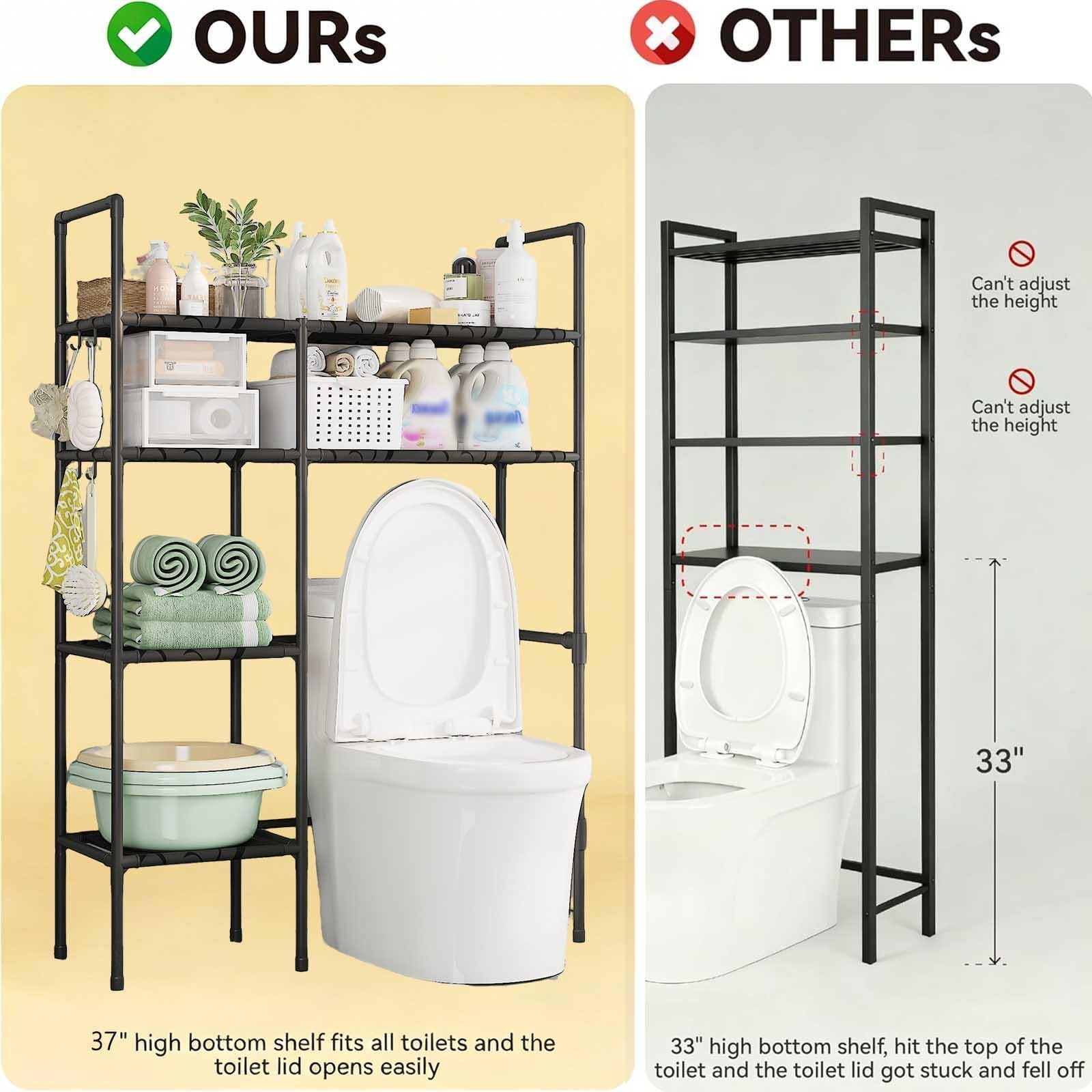 Mobile Sopra WC Salvaspazio, Scaffale Sopra Il WC Facile da Montare Salvaspazio Bagno per Piccoli Spazi,Black-5Tier