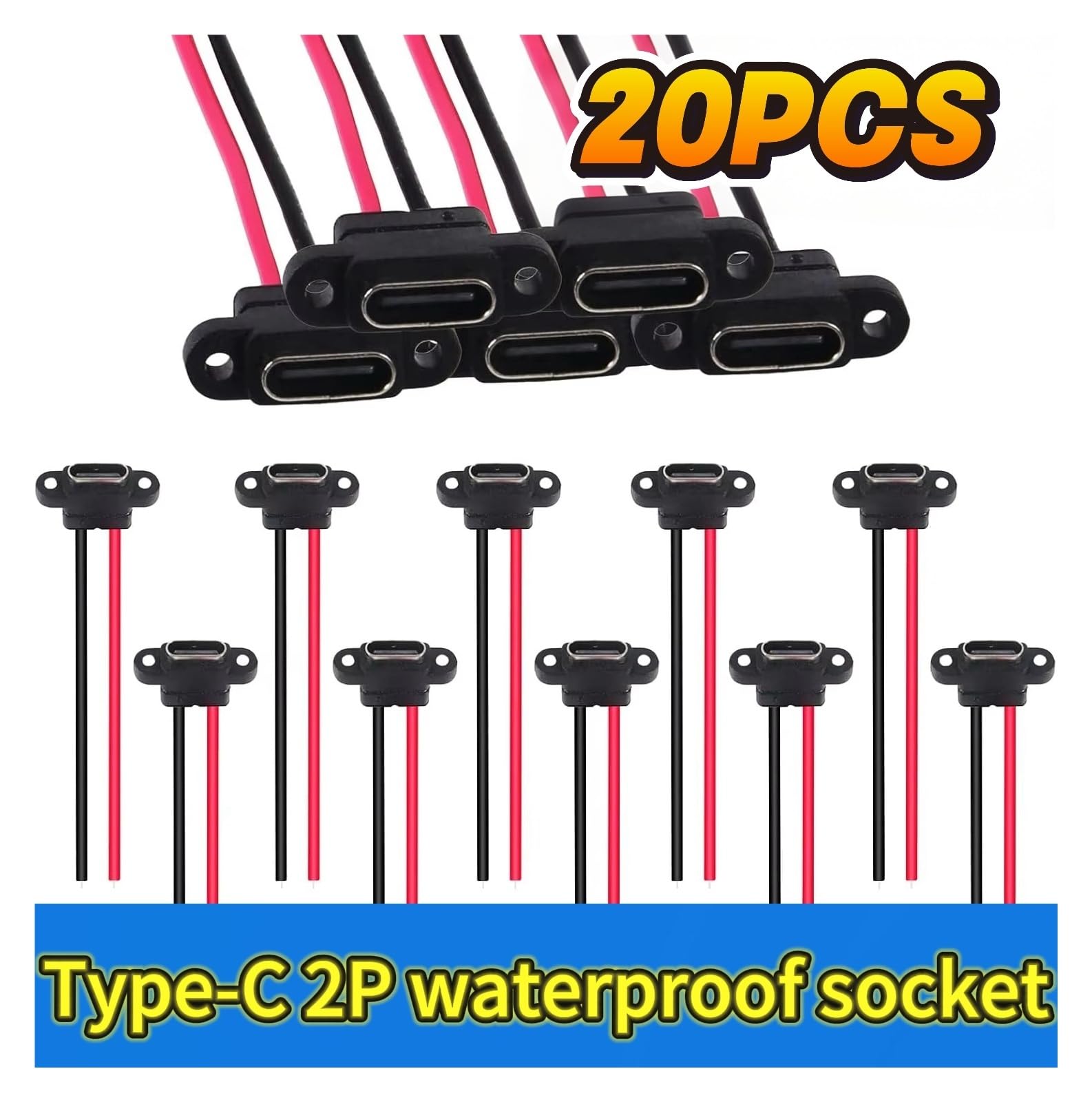 USB C Waterproof Panel Mount Socket 3A Fast Charging 2Pin Connector (15 szt.)