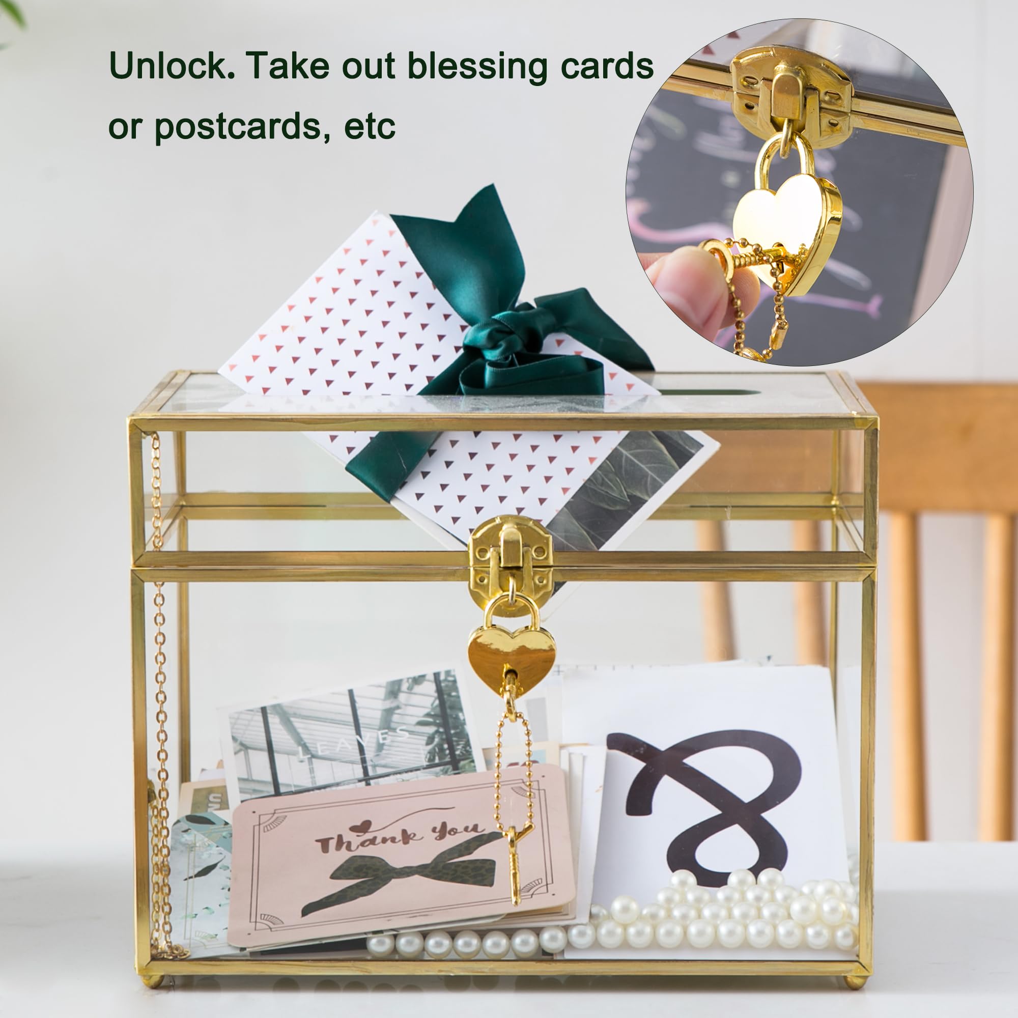Glas Hochzeitskartenbox mit Schlitz und Schloss, Große Klare Kartenbox Gold Messing Geschenkkarte Aufbewahrungsbox mit Schloss für Hochzeitsempfänge, Babyparty, Geburtstagsfeier, Brautparty