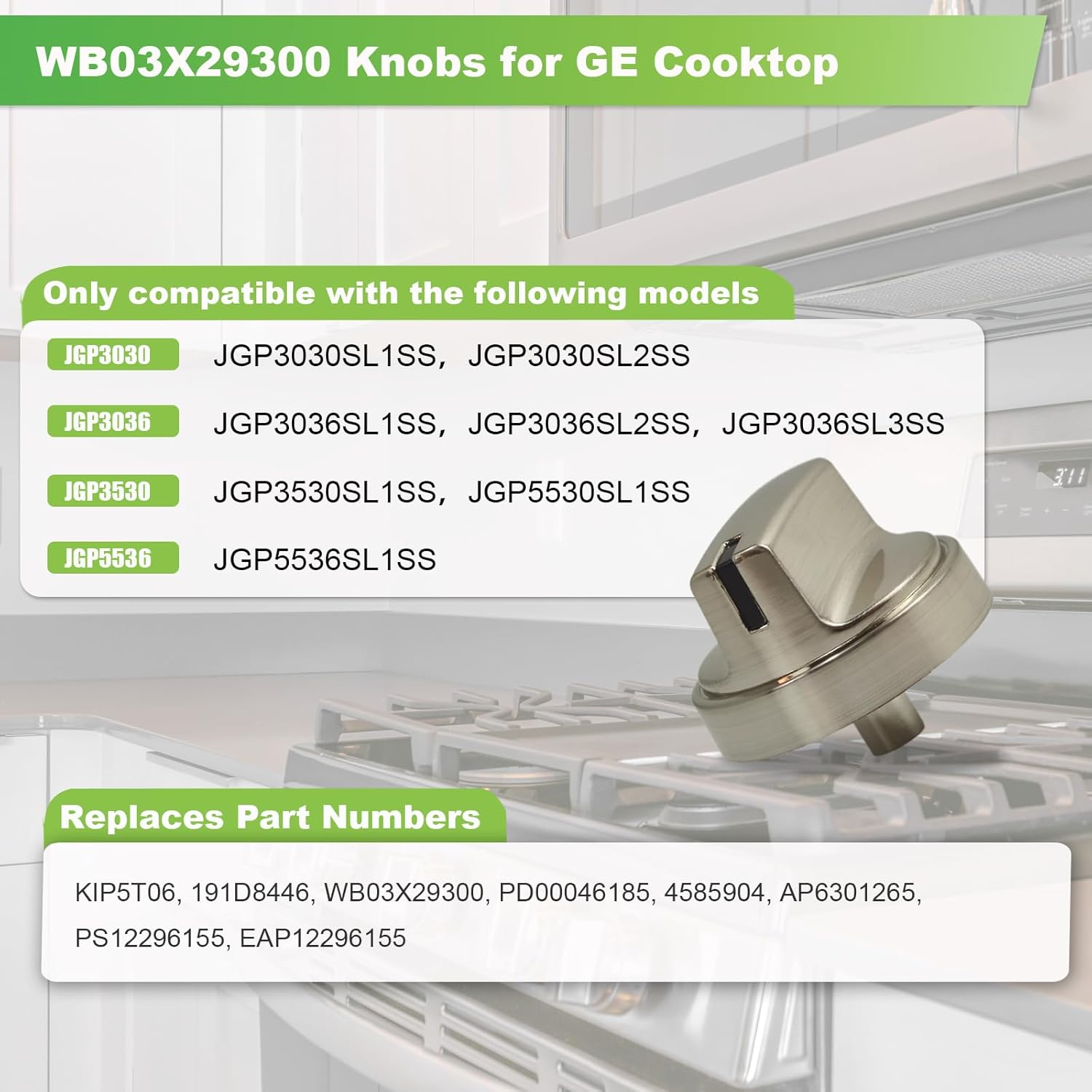 WB03X29300 Gas Stove Knobs, 5 Pack Silver Cooktop Knobs, Compatible with GE JGP3030SL1SS JGP3030SL2SS JGP3036SL1SS JGP3036SL2SS JGP3036SL3SS JGP3530SL1SS, Replace KIP 5T06 191D8446