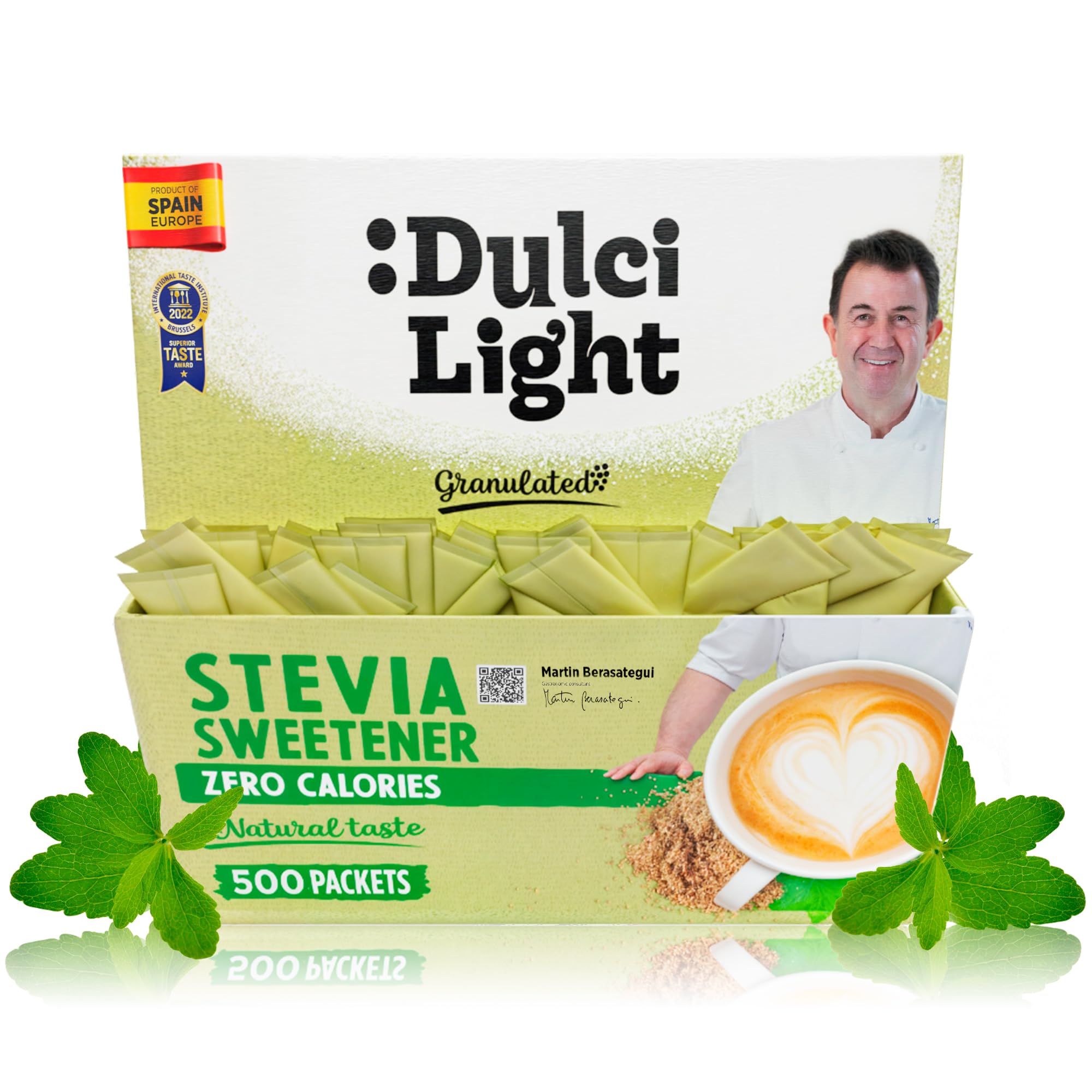 DulciLight Stevia Sweetener 500 Packets - Natural Taste, Zero Calorie, Keto & Diabetic Friendly | Granulated Stevia Powder with same taste of Sugar- Perfect Sweetener for Drinks & Desserts | Stevia packets.
