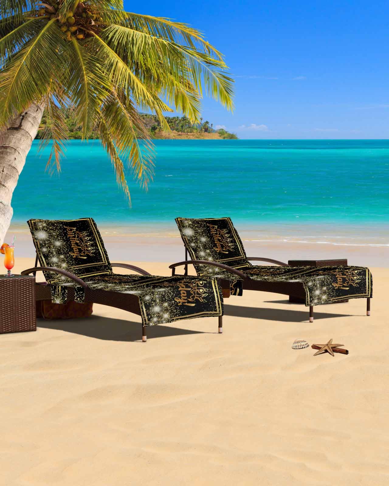 Gold Black Beach Chair Cover with Side Pockets, Microfiber & Quick Dry Pool Chaise Lounge Chair Towels Covers for Sun Sunbathing Patio Garden Hotel, Happy Birthday Boho Dots