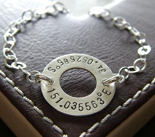 Miniatura 2 de Longitude Latitude Washer Bracelet - Personalized GPS Coordinates - Hand Stamped Genuine Sterling Silver - Stamped on Both Sides