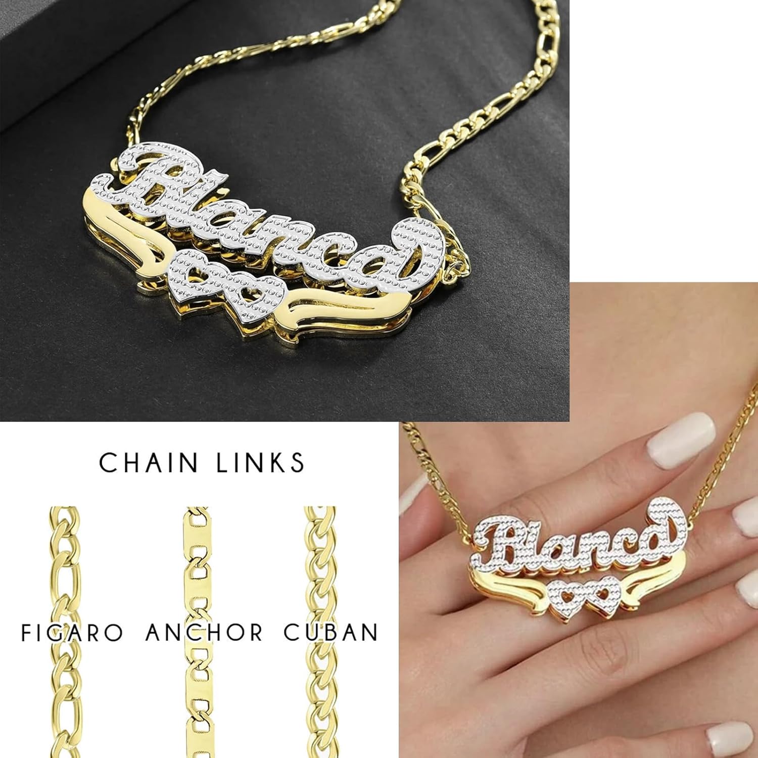 3UMeter Double Plated Name Necklace Personalized Sterling Silver Custom Name Chain 2 Tone Personalized Nameplate Necklace Customized Jewelry with Name Gift for Women Men Girls