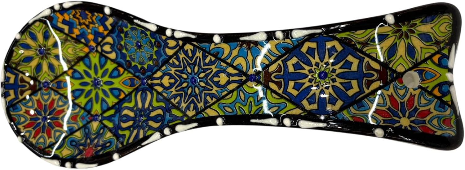 Decorative Portugese Style Spoon Rest, Colorful Floral Pattern, Ceramic Kitchen Accessory - Beautiful Gift Souvenir from Portugal (Green)