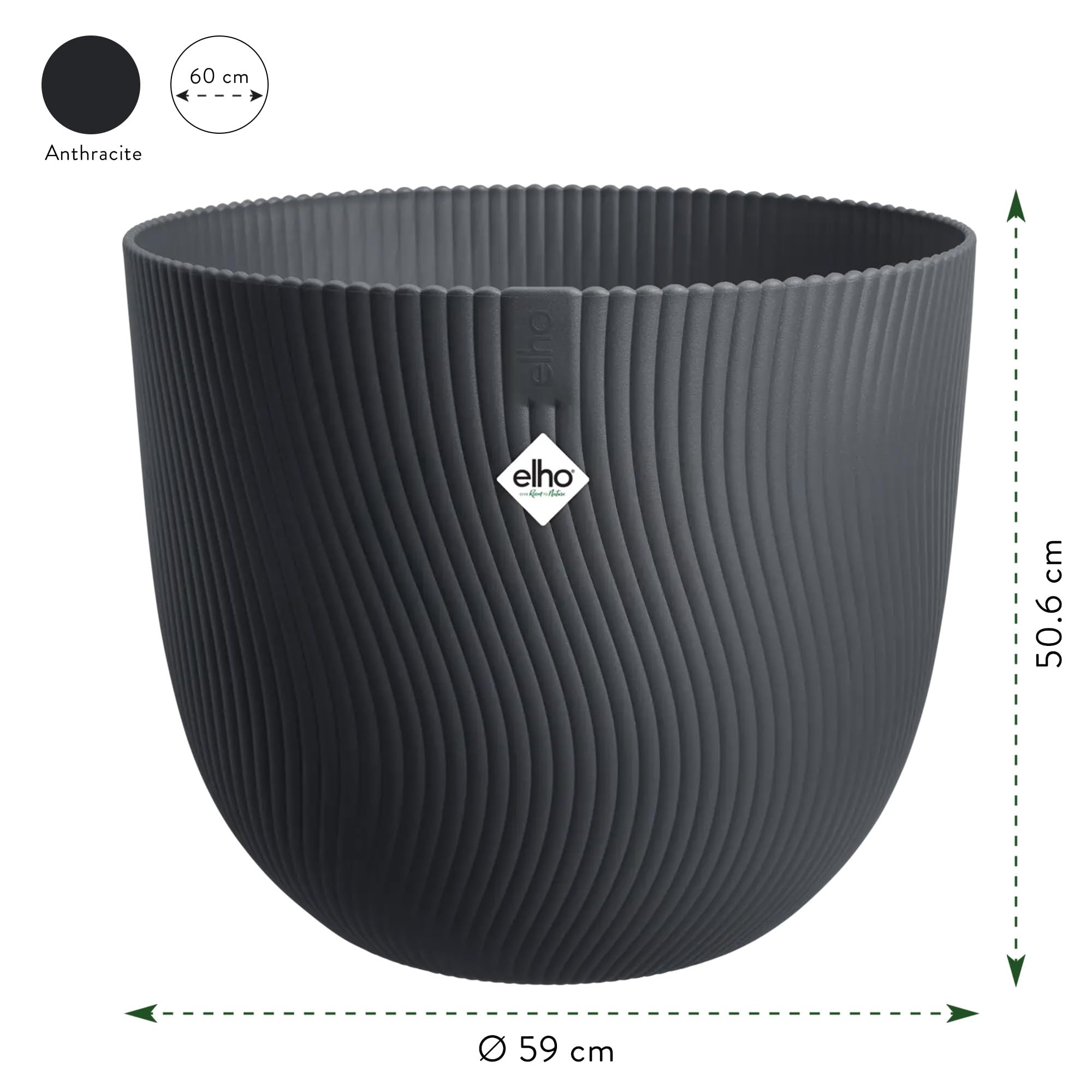 Elho Sereh Round 60 - Grande Vaso per Interno e esterno - 100% Plastica Riciclata - Ø 59 x H 50.6 cm - Anthracite