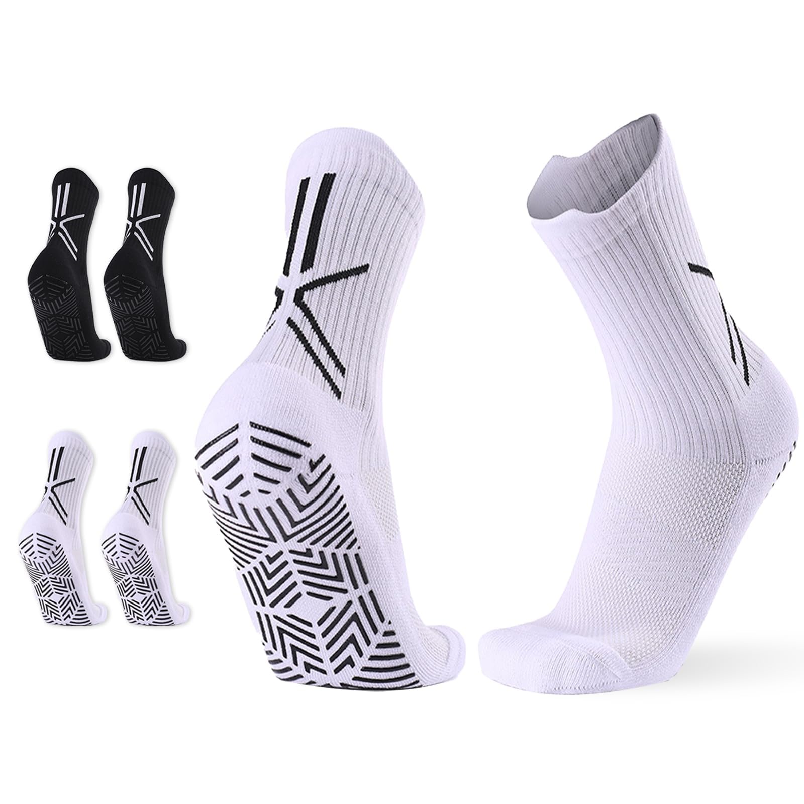 Football Grip Socks for Men Non-slip Gain the Edge Grip Socks Black White Sport Socks with Silicone Dots Pads for Basketball Soccer Trekking Yoga Running 2 Pairs