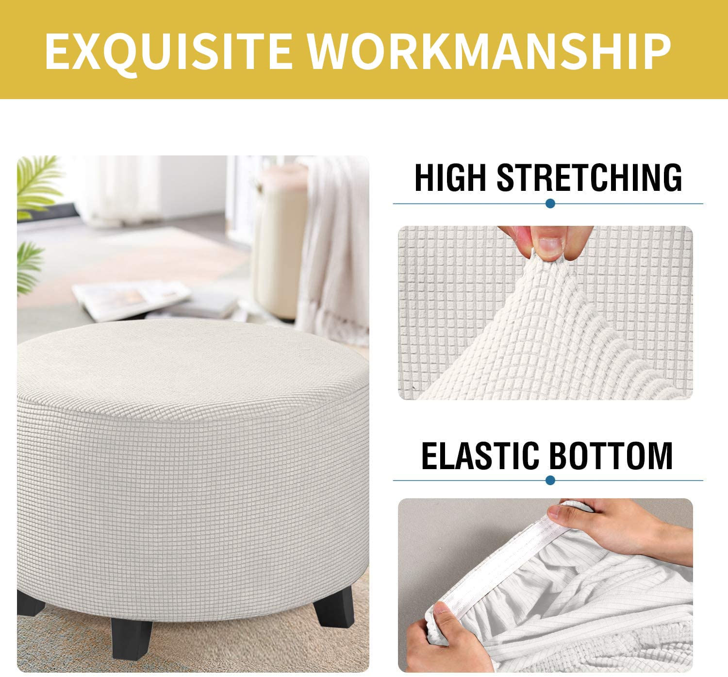 Copri Pouf Rotondo Elasticizzato - Jacquard Lavabile, Grigio Chiaro, Taglia X-Grande - Foto 2