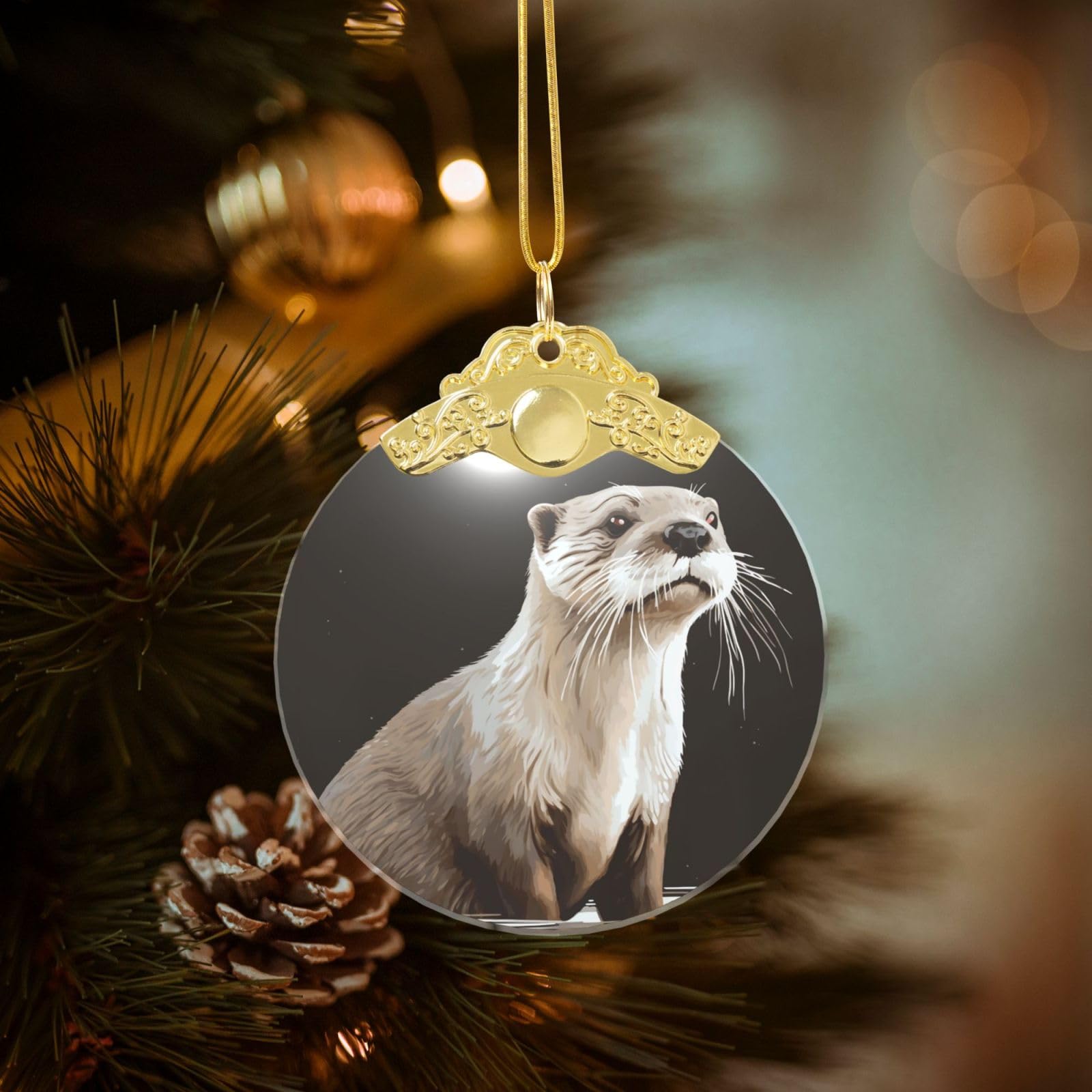 Crystal Christmas Ornaments for Christmas Tree Decoration Hanging Otter Ornament with Gold Ribbon Crafts Round Pendant for Keepsake Gifts Glass Xmas Decor Party Supplies