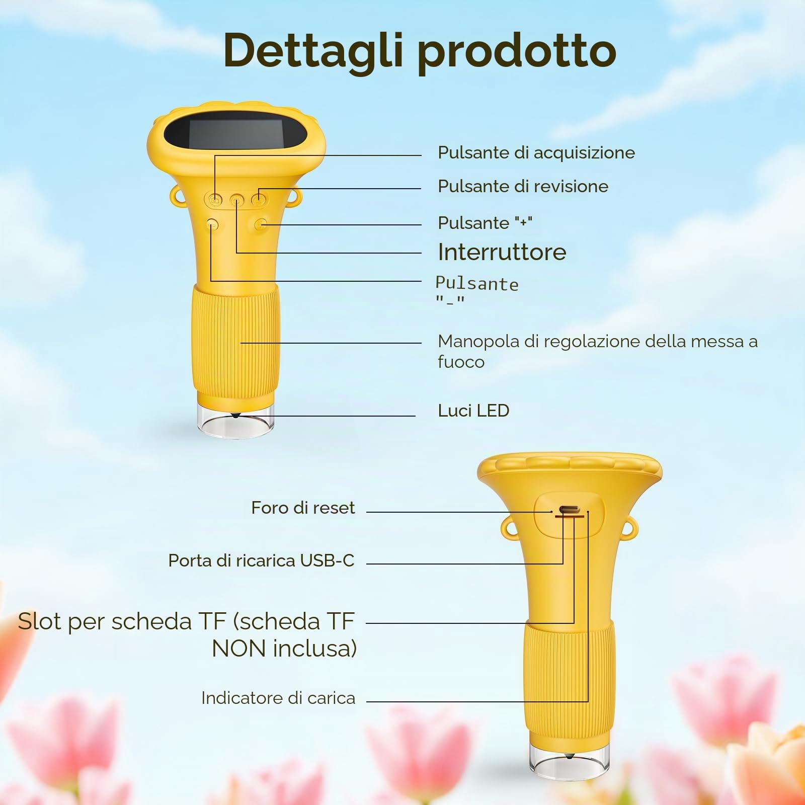 Mini microscopio per bambini, con zoom 1000x, tascabile/portatile, con schermo IPS da 2,0", USB, LED, porta per PC, per esterni, per bambini dai 3 anni in su