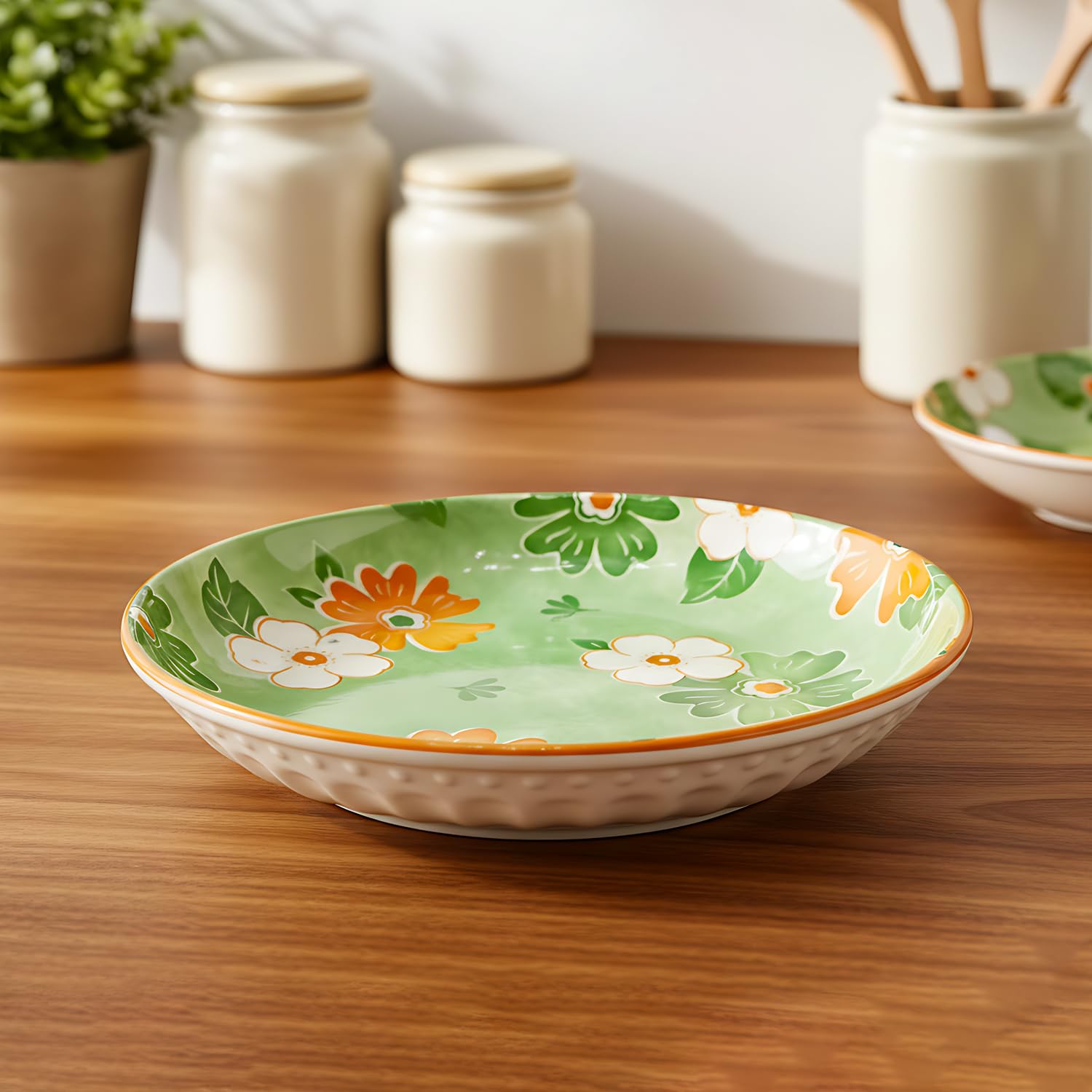 Lemon Tree Snack Serving Plate 20 cm Round Ceramic Deep Salad, Pasta Plate | Dinner Plates for Kitchen Microwave, Dishwasher & Oven Safe (Green)