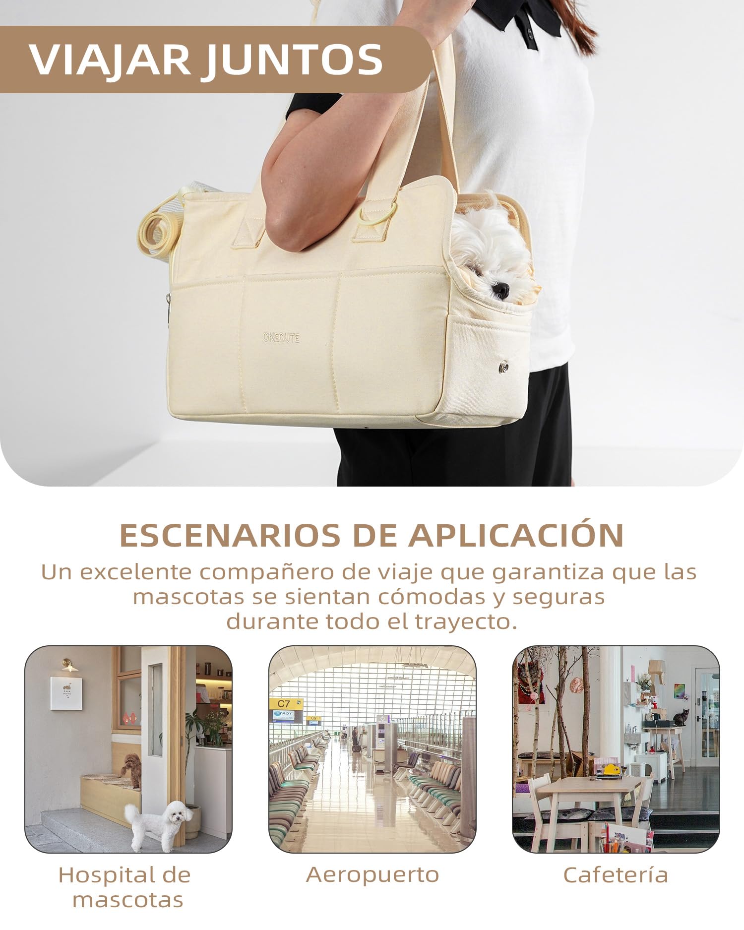 ONECUTE Transportín para Perro y Gato, Bolsa Transporte Plegable para Mascotas Pequeñas, Viajes Cómodos, Soporta 3 kg (Small, Beige)