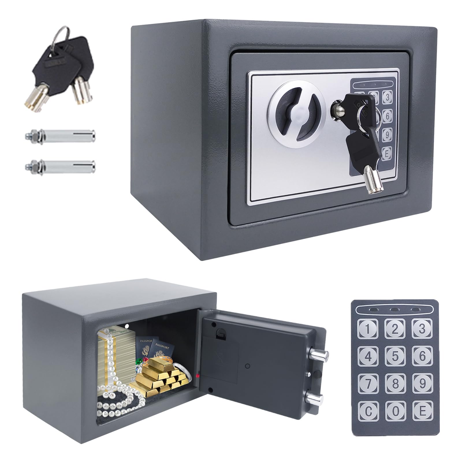 4.6L Electronic Digital Safe Box, Fireproof Security Box Home Office Money Cash Jewelry Steel Safety Box with 2 keys, Wall Mounted Mini Safe for Home Office Hotel, Grey, 23 X 17 X 17 CM — image 1