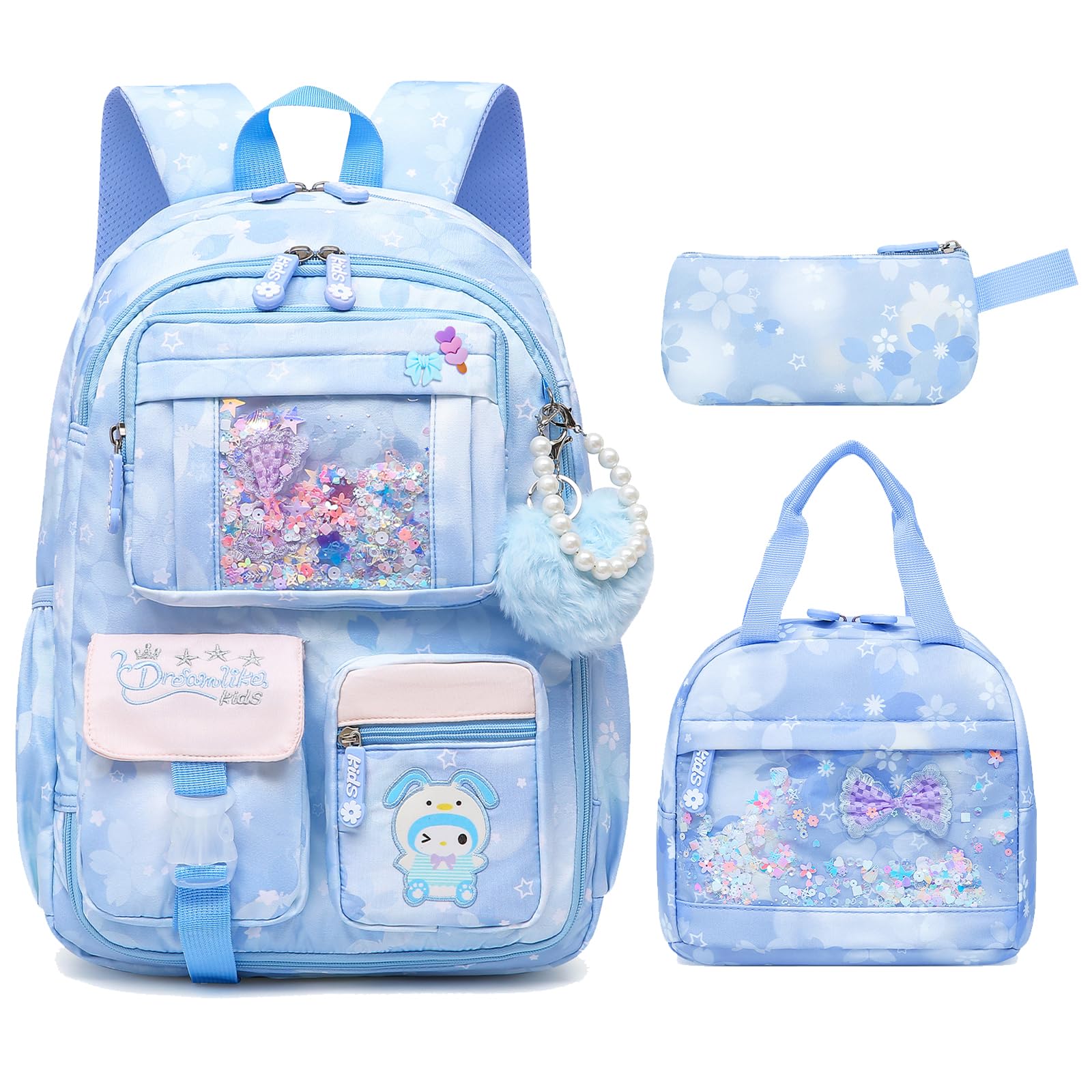 Lovely Girls Backpack School Bag for Students Kids Book Bag with Multiple Pockets Splash-proof Children's Backpack（17inch Set Blue）