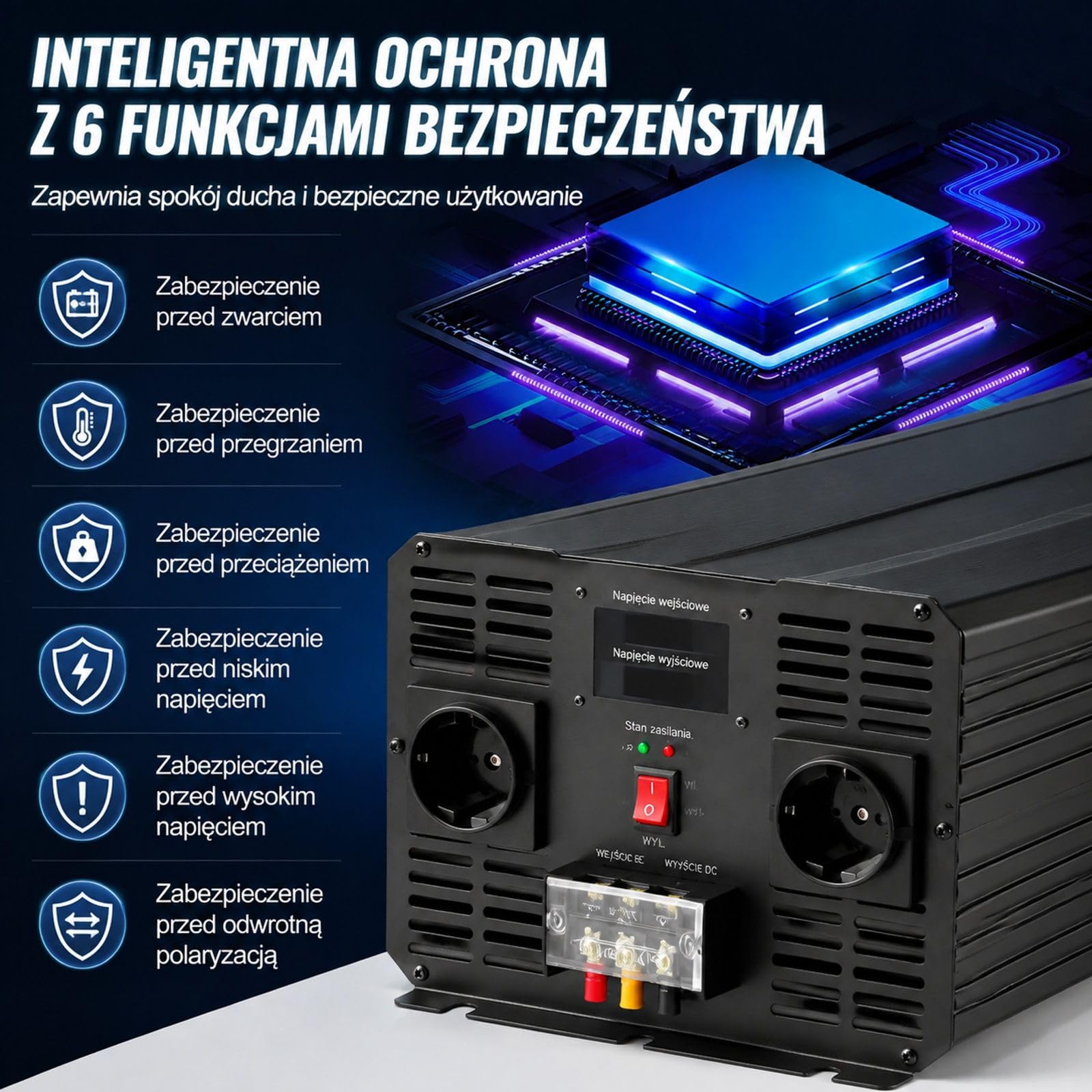 Przetwornica czystej fali sinusoidalnej 5000 W, wejście 12 V DC, wyjście 230 V AC, 2 gniazda europejskie, wyświetlacz LCD, obudowa ze stopu aluminium do samochodu, kampera i ciężarówki