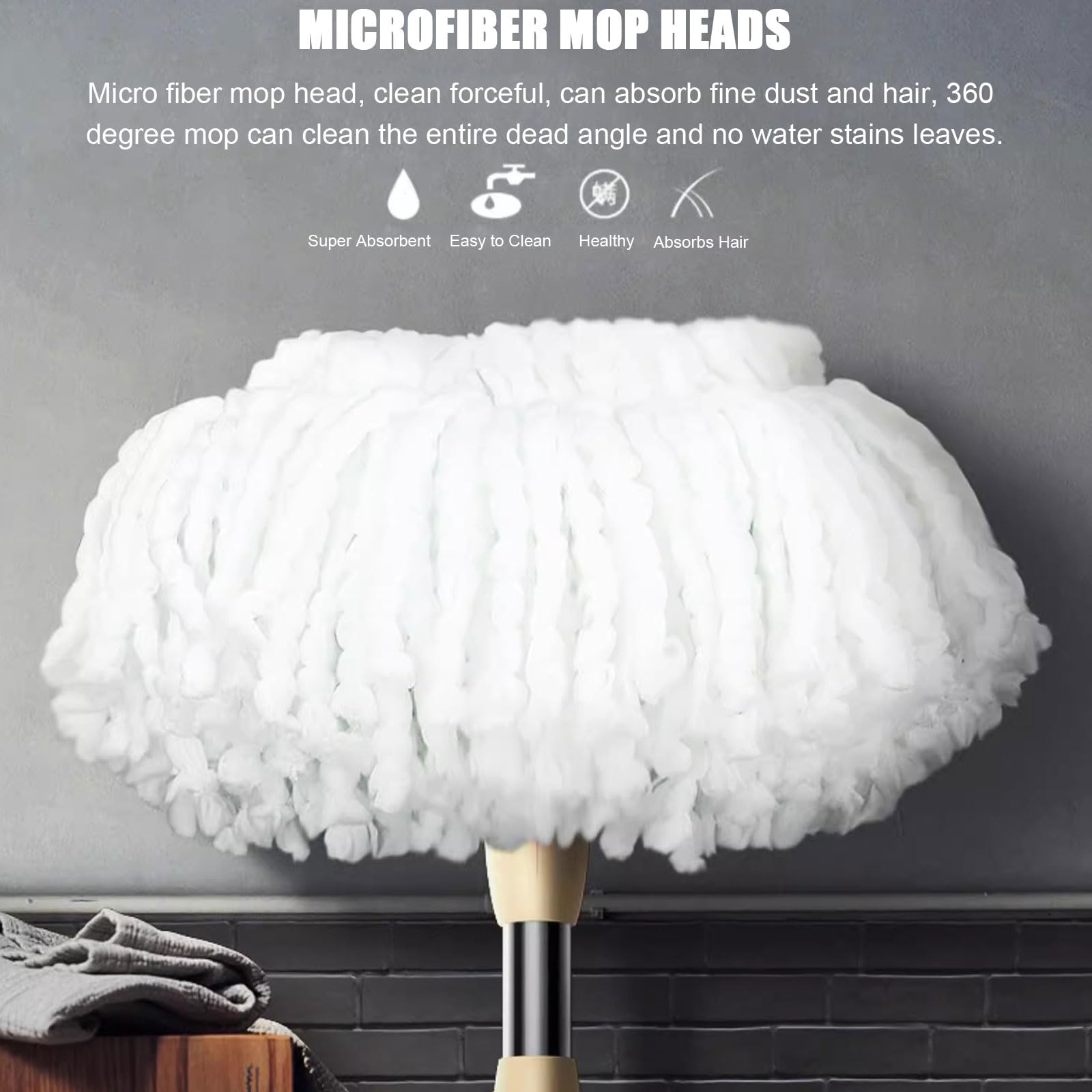 Este Conjunto de fregona giratoria y Cubo con escurridor Incluye una fregona giratoria de 360 Grados con 4 Cabezales de Microfibra de Repuesto y un Cubo con Ruedas para la Limpieza del hogar