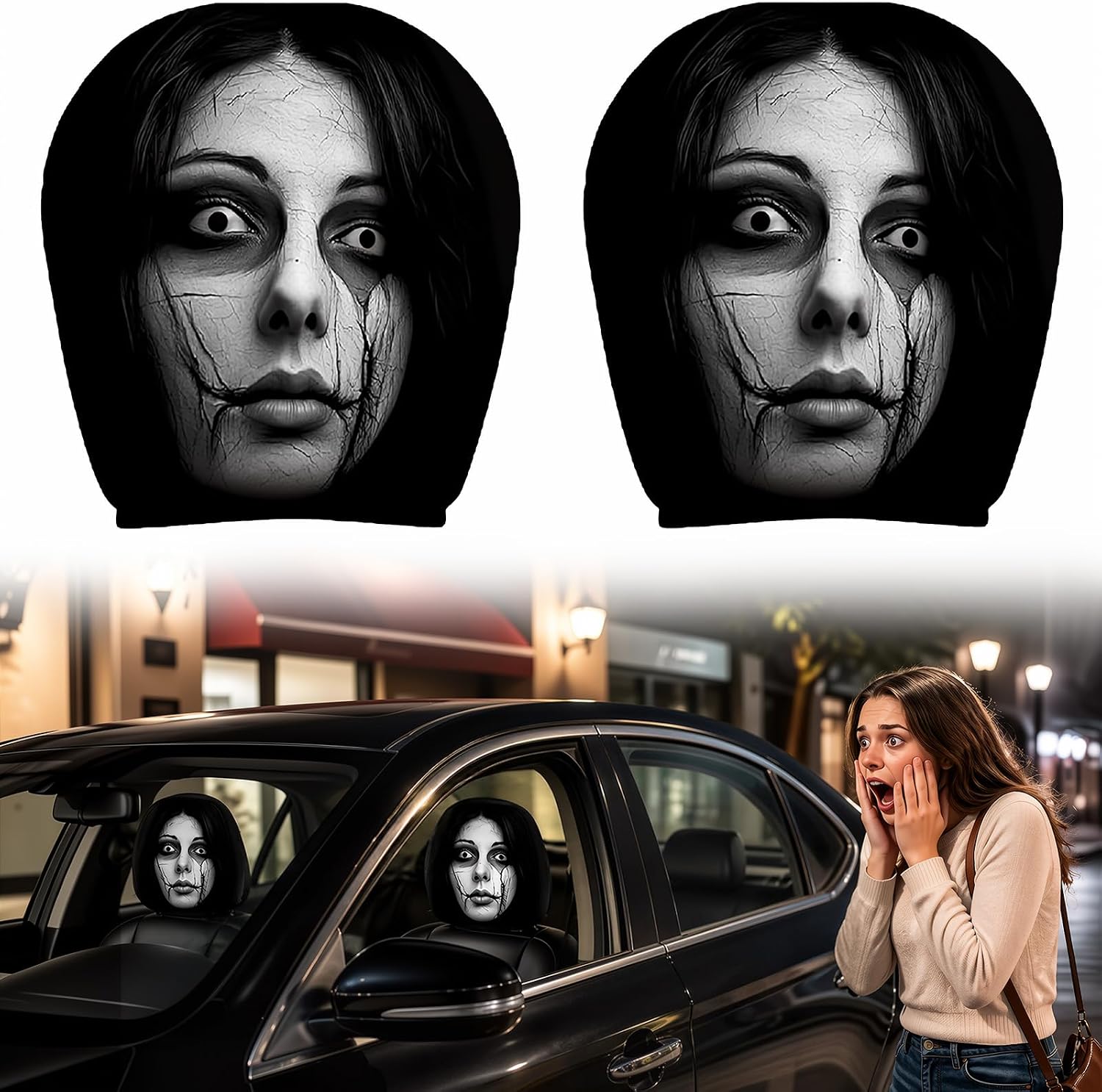 2PCS Scary Face Headrest Covers, Creepy Ghost Face Car Headrest Covers, Halloween Universal Elastic Funny Scary Face Headrest Covers for Cars Interior Decor (Style C)