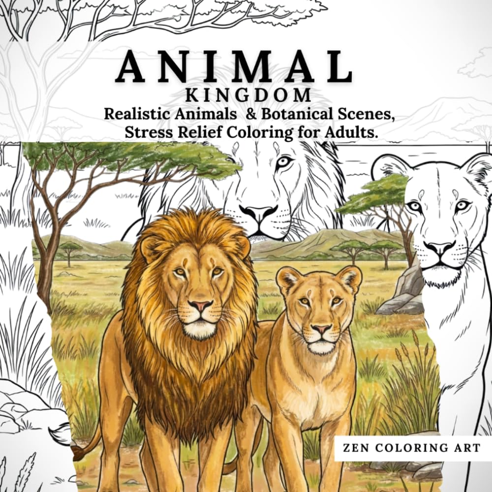ANIMAL KINGDOM: Realistic Animals & Botanical Scenes, Stress Relief Coloring for Adults. (Zen Coloring Art Collection)