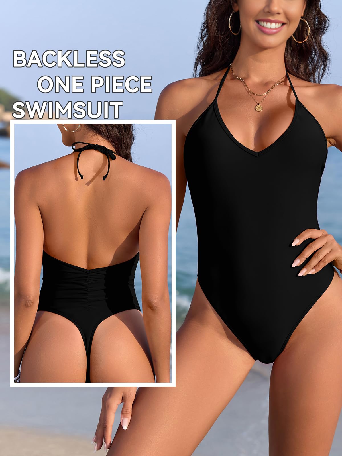 SHEKINI Einteiliger Badeanzug Damen V-Ausschnitt Neckholder Lace-Up Rückenfreier Badeanzug Ruched Back High Cut Sexy Tanga Monokini Bademode Swimsuit