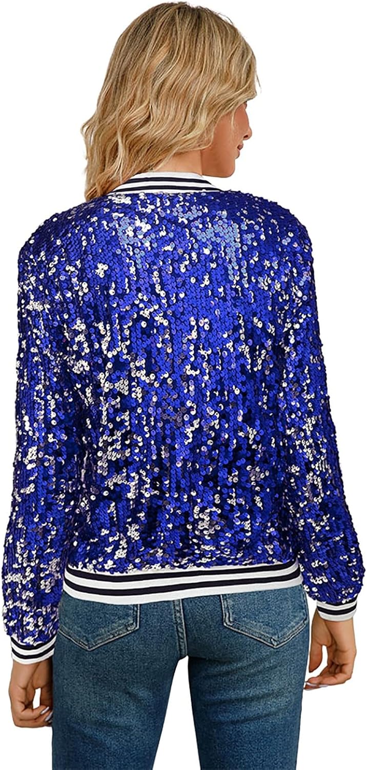 Women's Sequin Jacket Long Sleeve Zip Up Bomber Jacket Coat with Ribbed Cuffs 1989 Slitter Outfit for Concert Party