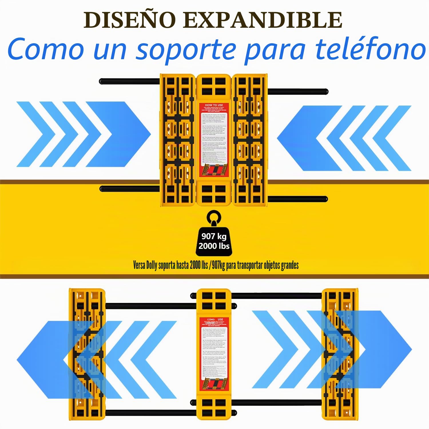 Carro de Transporte Ajustable Resistente – Se extiende hasta 91 cm, soporta 907 kg – para electrodomésticos, Muebles y Materiales de construcción, con Correas elásticas, Apto para Varias Superficies