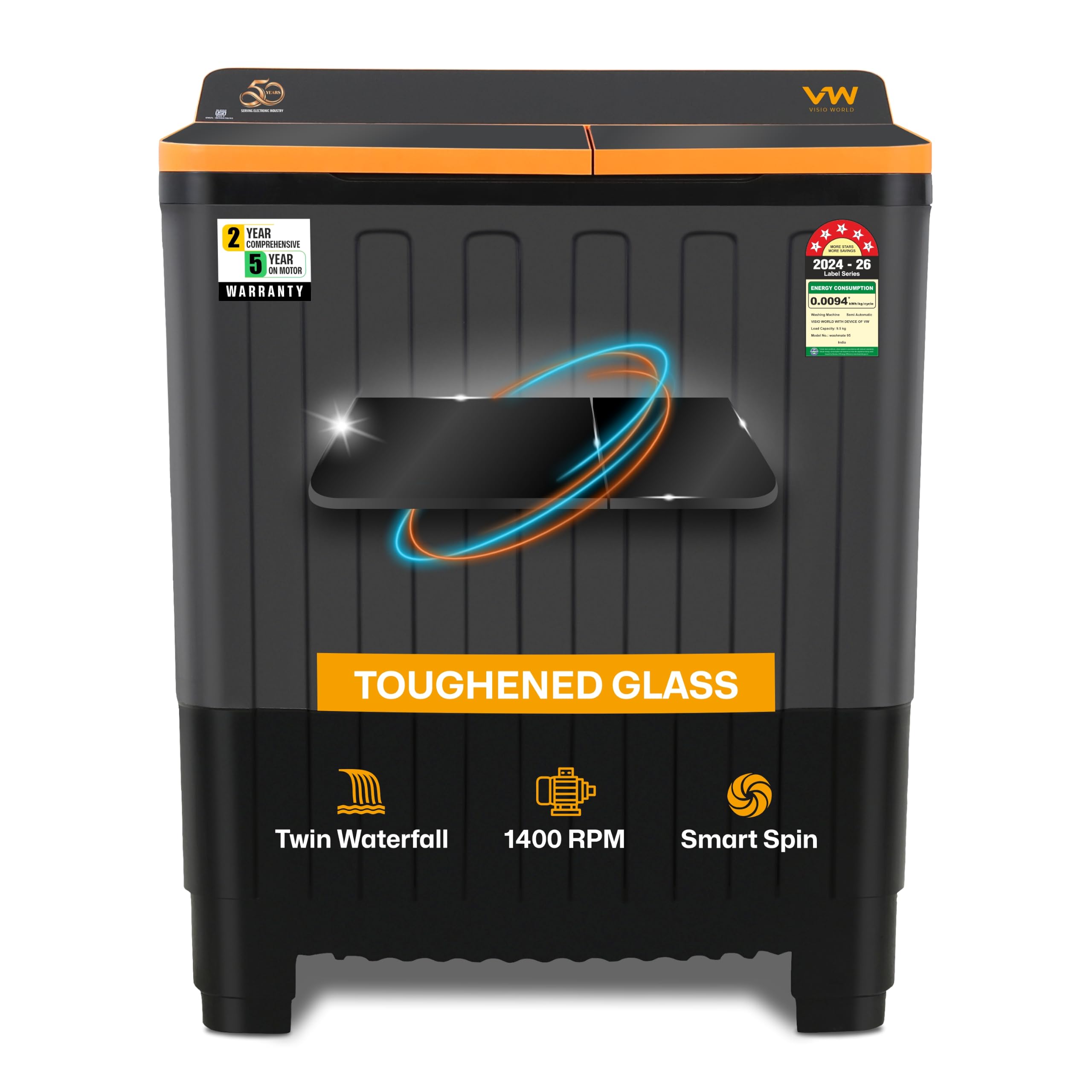 VW 9.5 kg 5 Star Wash Mate with Toughened Glass Semi Automatic Top Load Washing Machine WashMate0095G (Black)-image-2