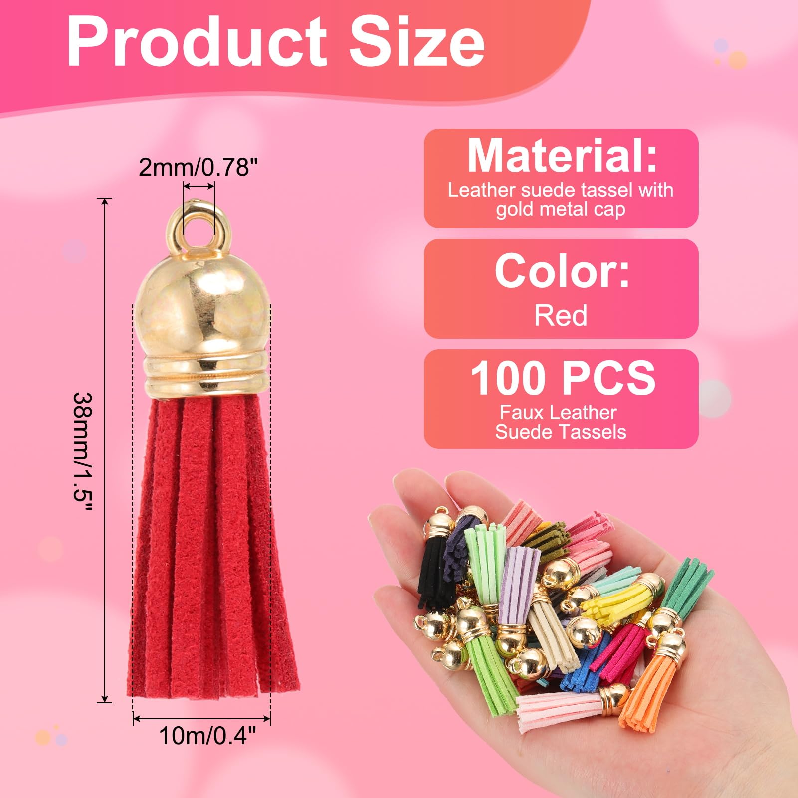 PATIKIL Borlas Cuero 1,5 Pulgadas, 100 Piezas borlas Gamuza sintética, Llavero con Tapa Dorada para Manualidades, decoración, Bolsos, Pulseras, fabricación Joyas, Llavero, Rojo