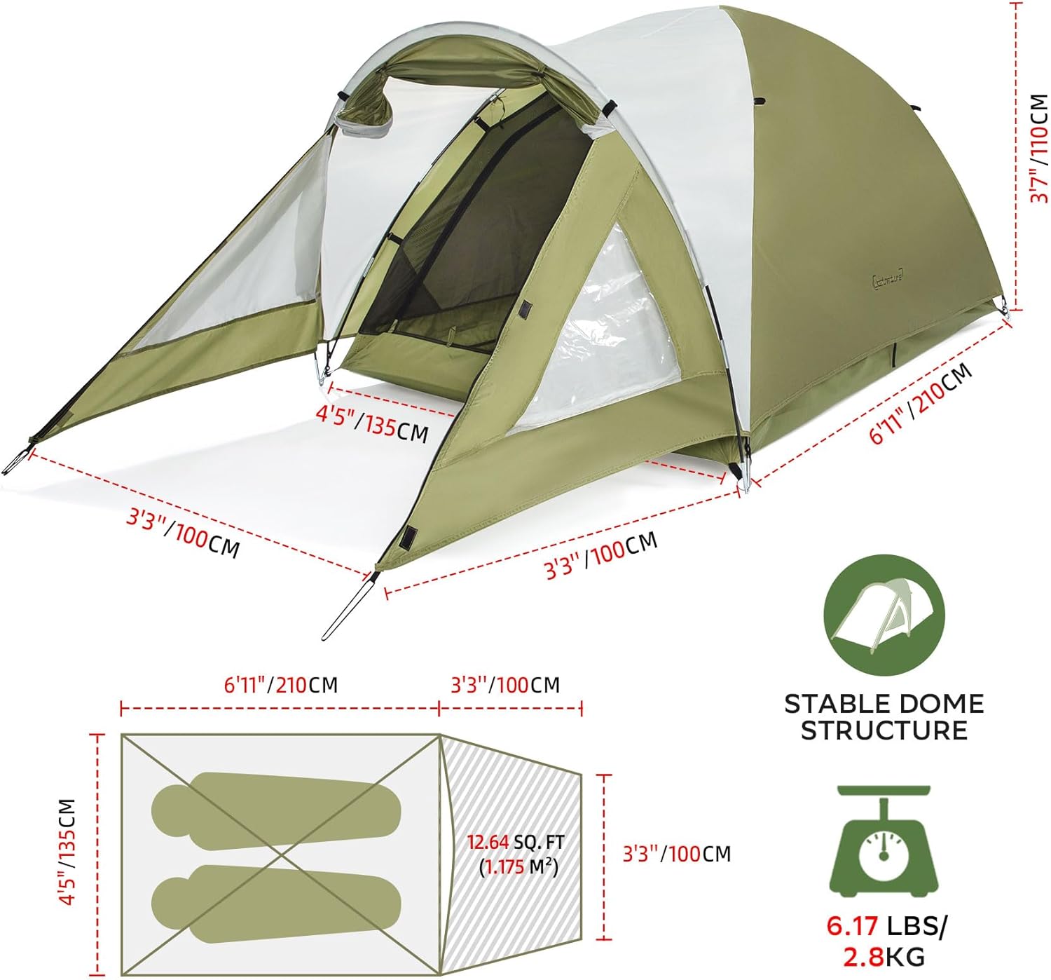 Clostnature Camping Tent with Porch - Waterproof 2 Person Tent for Camping, Easy Setup Lightweight Two Person Shelter for Hiking, Backpacking, Family, Outdoor