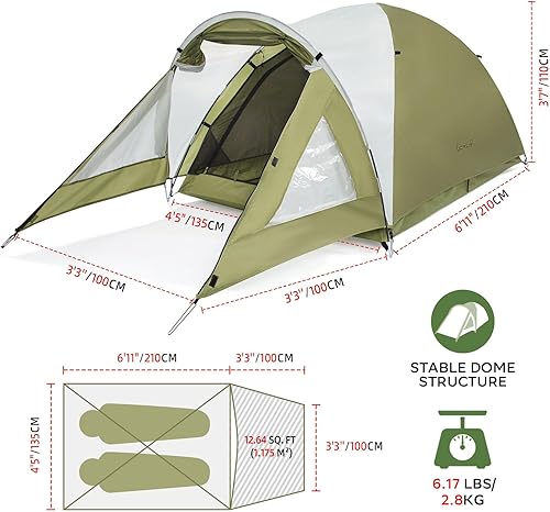 Miniatura 3 de Clostnature Tienda de campaña con porche  Tienda de campaña impermeable para 2 personas para camping, fácil instalación, refugio ligero para dos