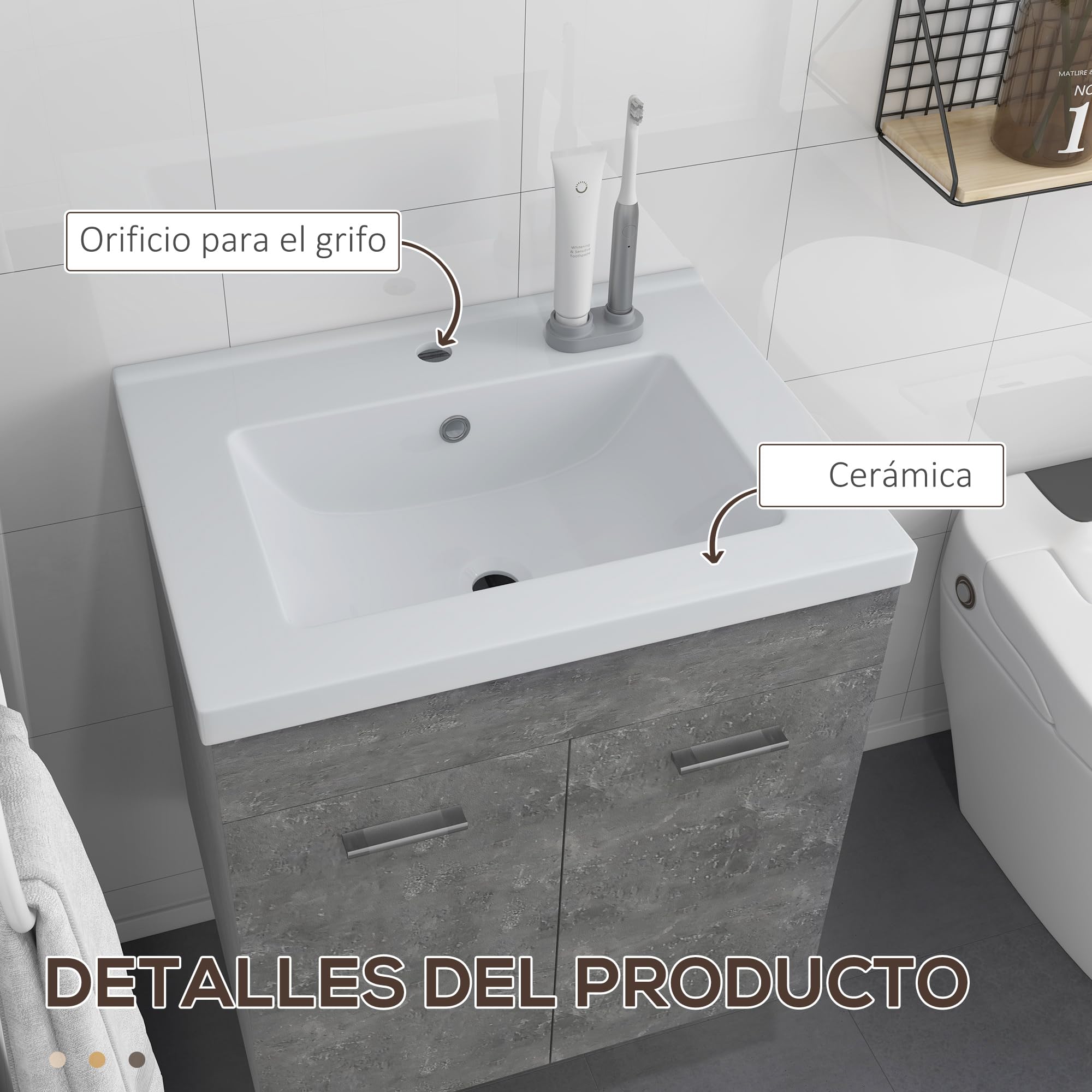 kleankin Mueble de Baño con Lavabo Cerámico de Pared 60x45,5x60 cm Gris | Armario Bajo de Lavabo, 2 Puertas, Estante Ajustable, Acabado Melamina