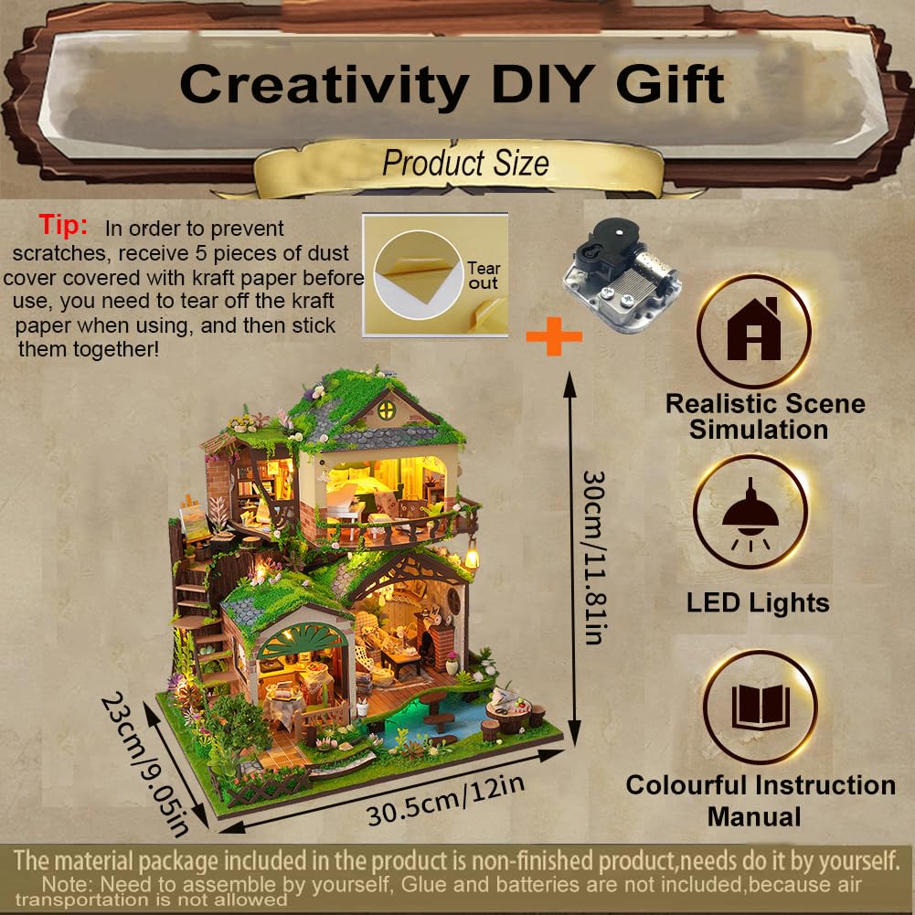 DIY-Puppenhäuser, 3D-Zimmerpuzzle & Buchstütze， DIY Puppenhaus Kit mit LED-Beleuchtung – Kreativset zur Regaldekoration (Mit Staubschutzhülle)