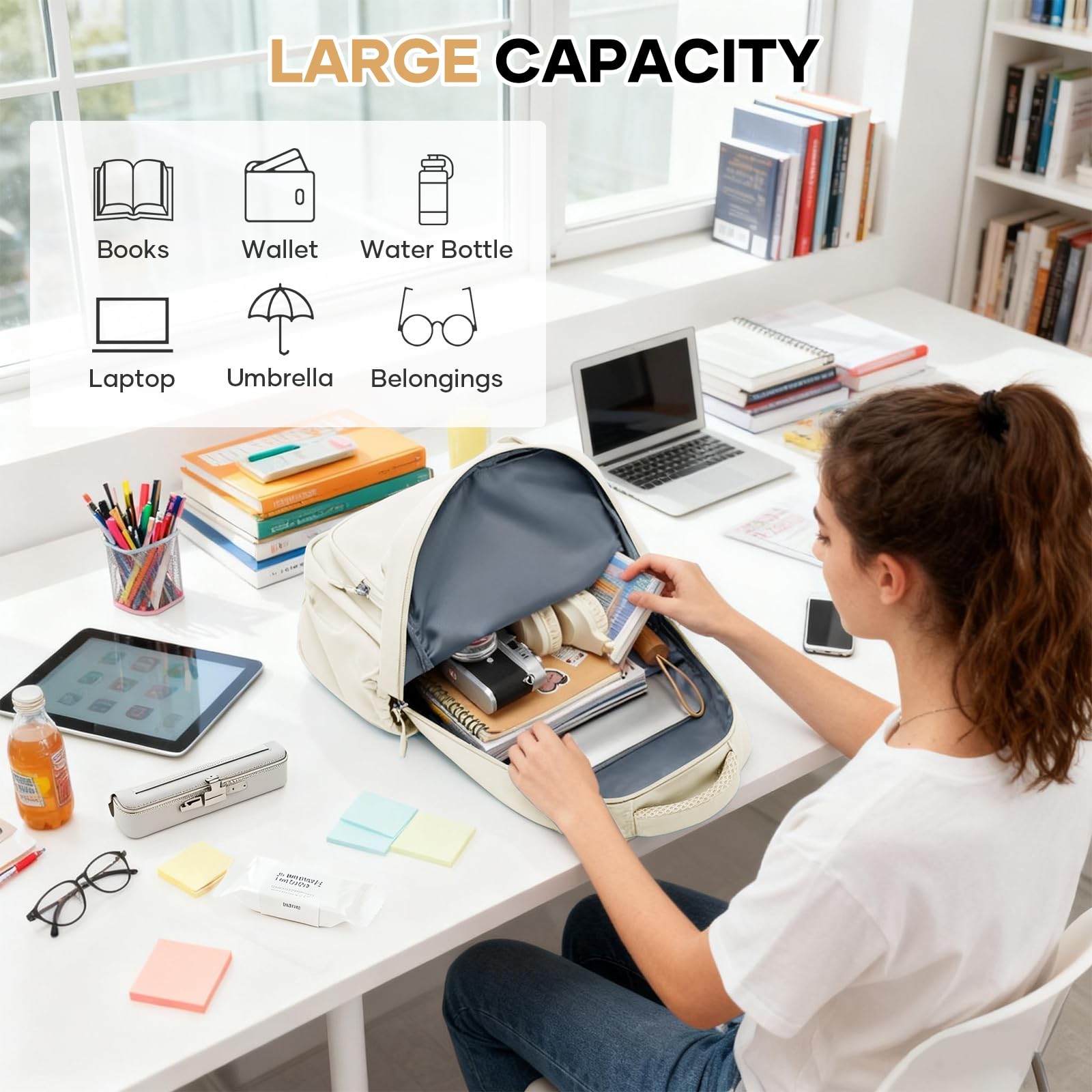 HYC00 Plecak Szkolny Młodzieżowy Dziewczęcy Tornister Lekki Szkoły średniej Dziewczyny Plecaki Studenckie Kobiety Szkolny Plecak Uniwersytet Casual Daypack Laptopa Backpack for Women Work Bag,Beżowy