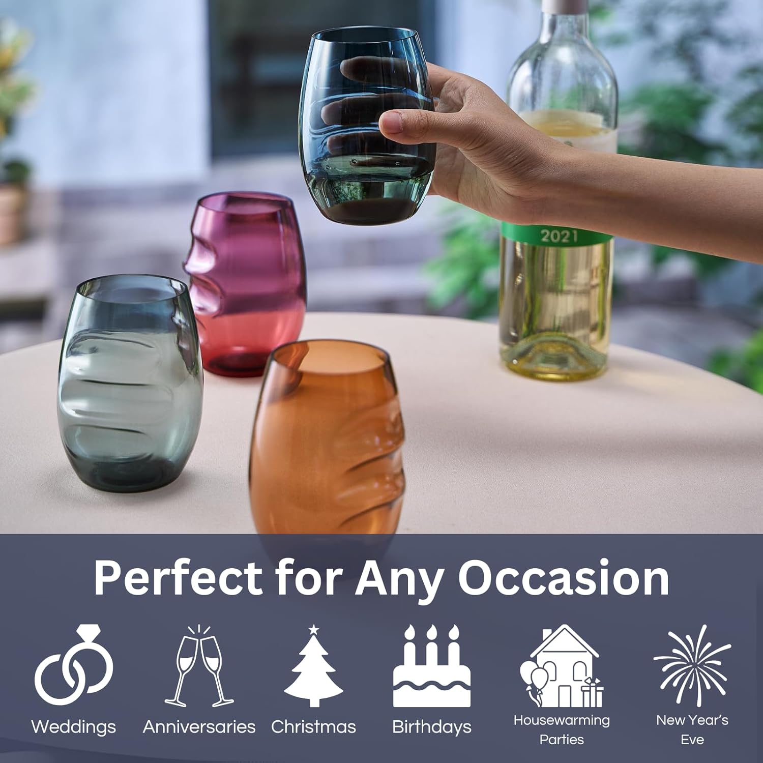 Unbreakable European Plastic Crystal, Stemless Wine Glasses | Set of 4, 13.5 OZ | Acrylic Tritan Set with 3-Finger Indentations - Muted Colored Tumbler Set, BPA Free, Reusable, Naturally Aerates Wine - Image 4