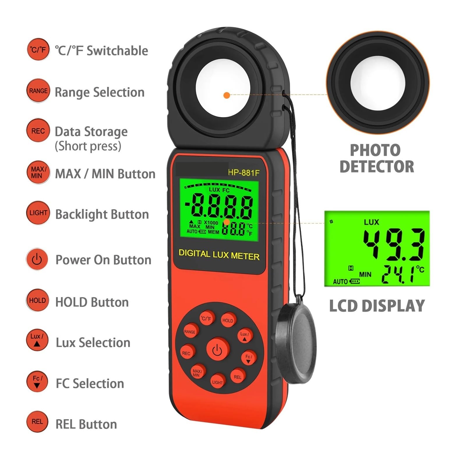 Spektralphotometer, Digitales Beleuchtungsstärkemessgerät, Hohe Genauigkeit, Schnelle Reaktionsgeschwindigkeit, LCD-Monitor, 1–4000000 Lux, Auflösung: 0,1 Lux/FC