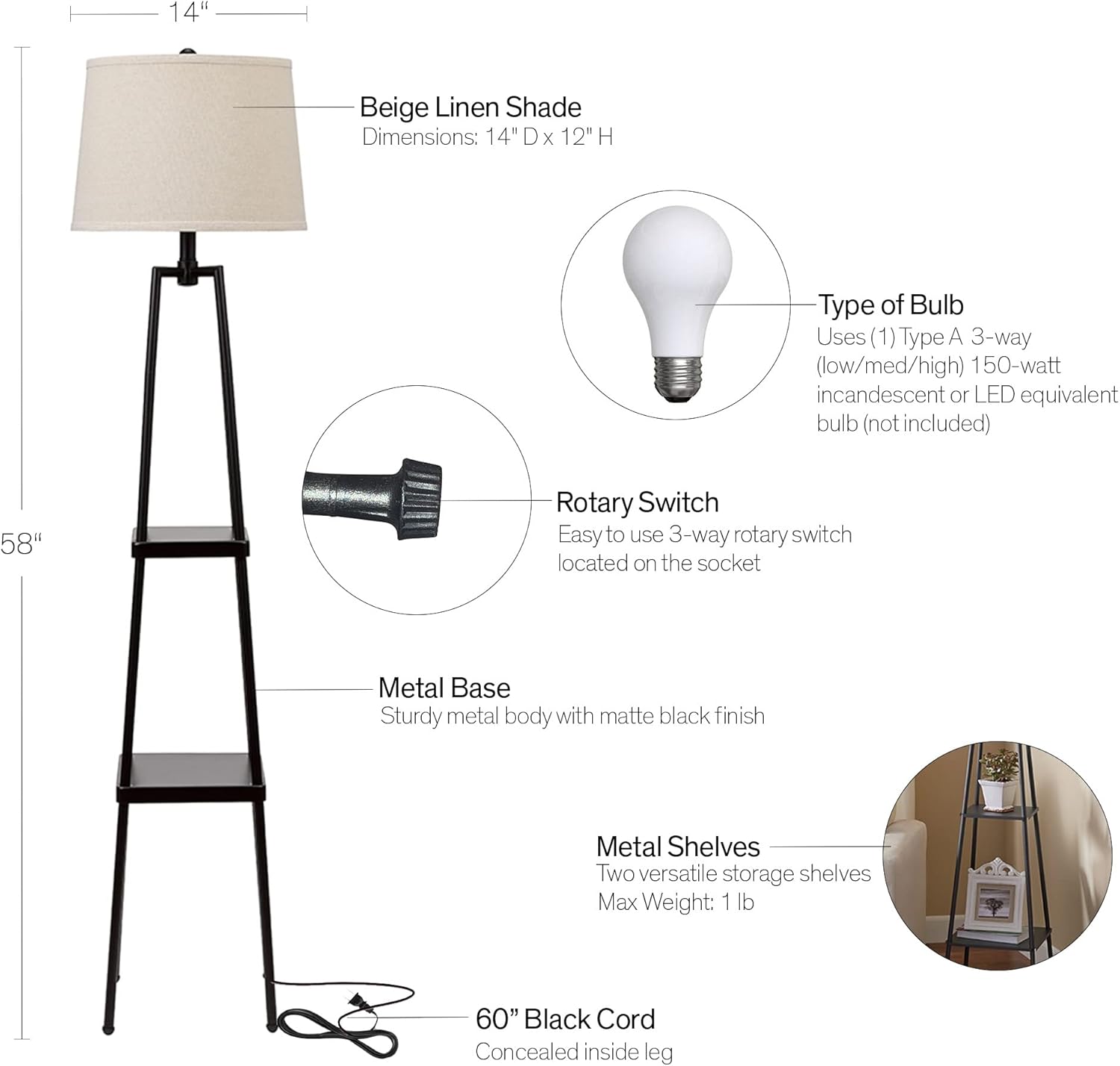 Hоlіdау Dеаlѕ 🛒 Catalina Lighting 19305-000 Modern Metal Etagere Floor Lamp with Shelves and Linen Shade, 58, Classic Black