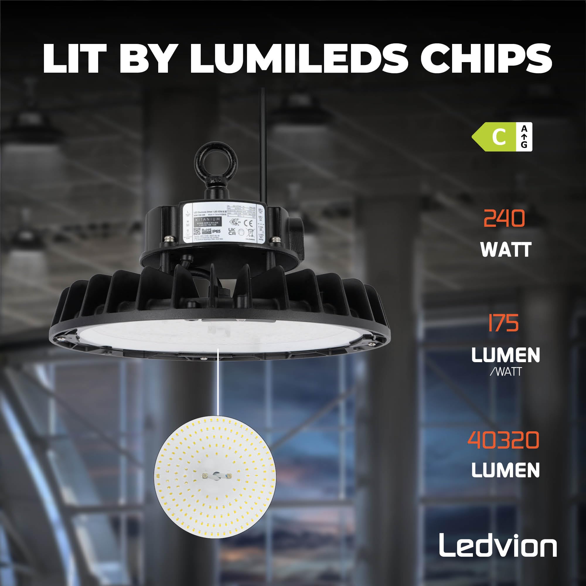 Ledvion Faretto LED High Bay 240 W, driver, 175 lm/W, 42.000 lumen, 6500 K, IP65, dimmerabile, lampada UFO a risparmio energetico, certificazione IP65