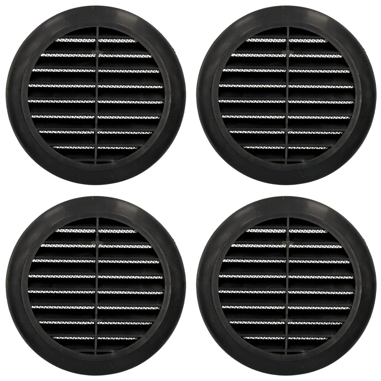 4 Pcs of Black Louvred Wall Vent Grille with Flyscreen for Ø 125 mm / 5" Round Wall Outlet - Air Ventilation Duct Cover with Anti-Insect Mesh and Rear Spigot, Tough and Durable ABS Plastic
