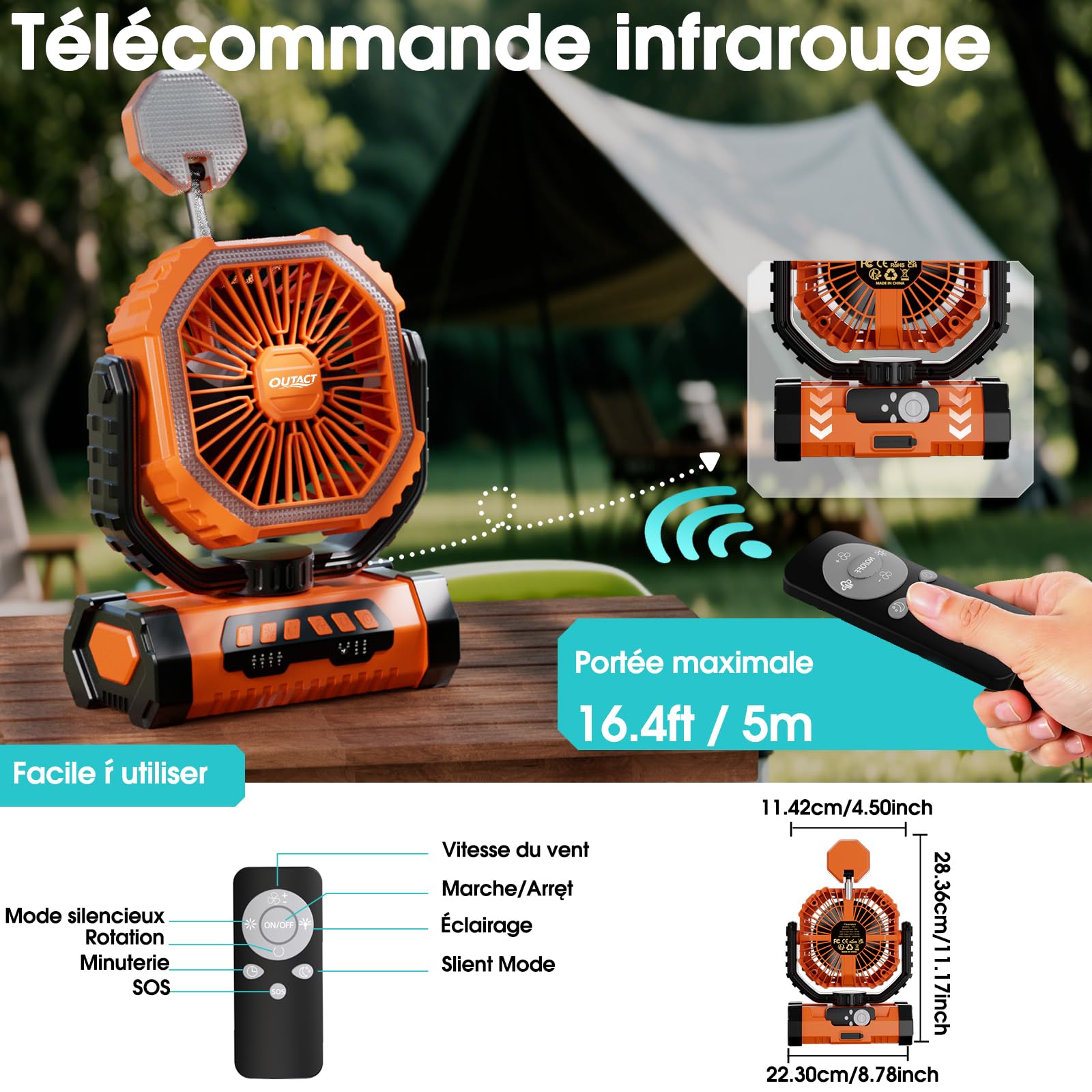 Ventilateur de Camping 20000mAh Rechargeable avec Lumière LED, USB Ventilateur Portable à 4 Vitesses avec Télécommande, Crochet et Minuterie pour Chambre, Bureau, Tente, Plage, Vacances - Orange