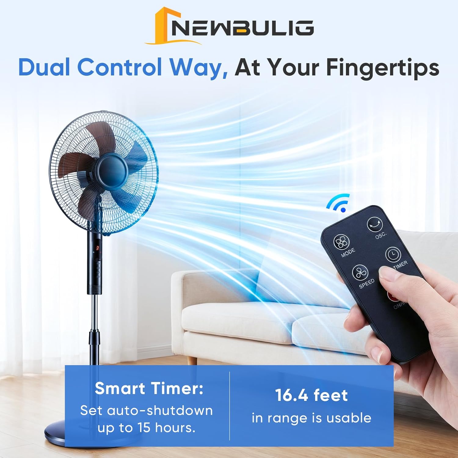 NEWBULIG Pedestal Fans with Remote, Oscillating Standing Fan with 3 Speed & 3 Model, Quiet Timer Floor Fan for Indoor, Bedroom, Living Room, Office, Adjustable Height & Tilt Head, Easy Assembly