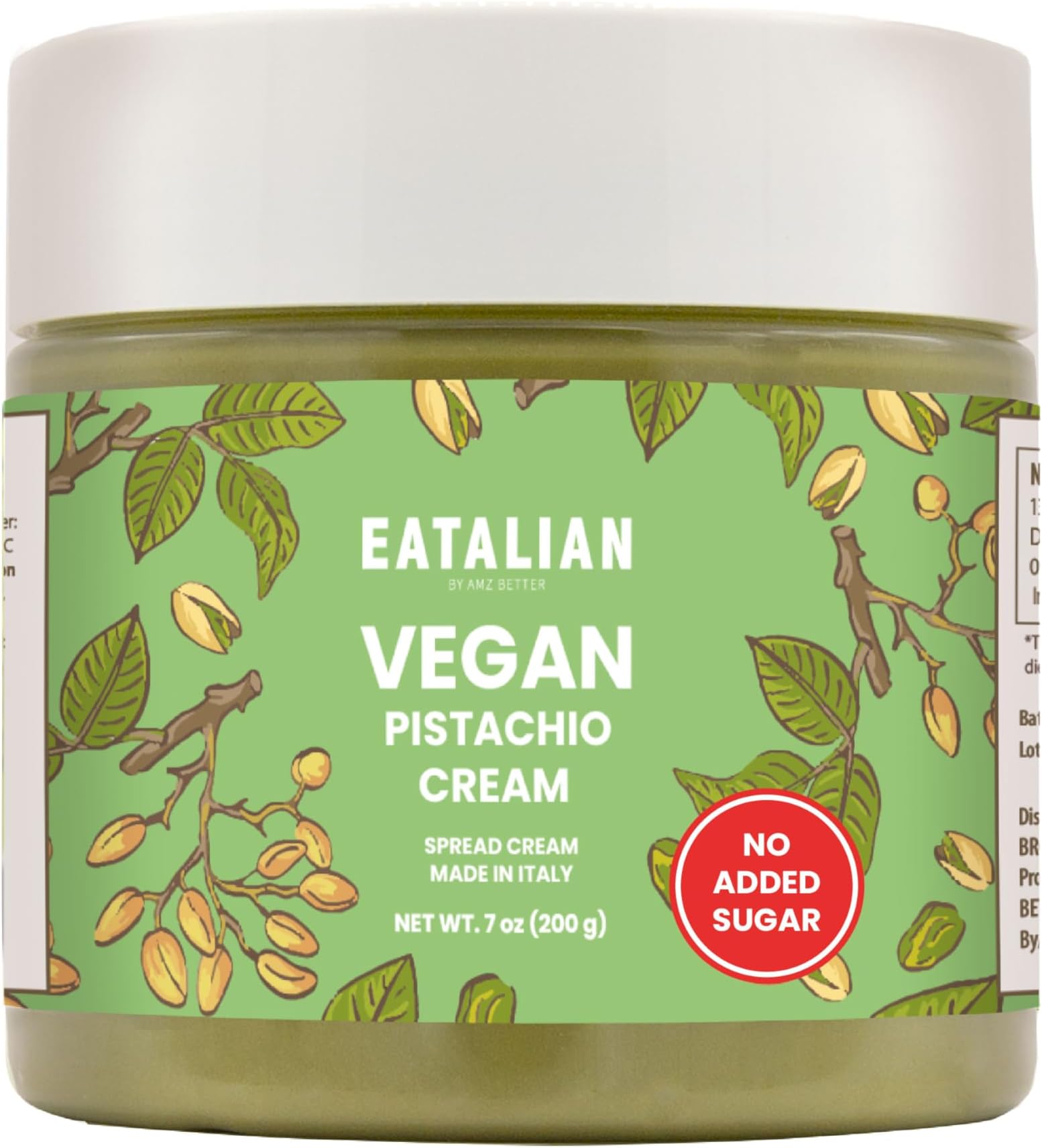 EATALIAN by AMZ BETTER Vegan Pistachio Cream Sugar Free, 7 oz/ 200g, Delicious sugar free vegan spread, ideal on bread, perfect with ice cream, Excellent for Dubai Chocolate, Made in Italy