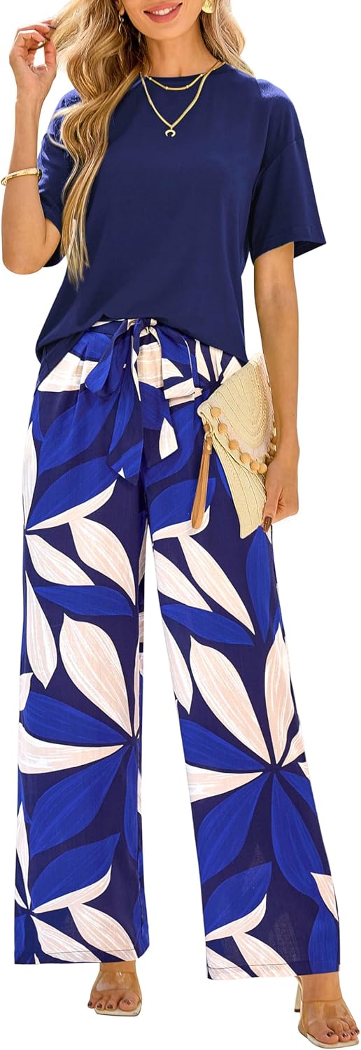 PRETTYGARDEN Women Summer 2 Piece Outfits 2026 Short Sleeve Knit Top Floral Print Belted Wide Leg Pant Sets With Pockets