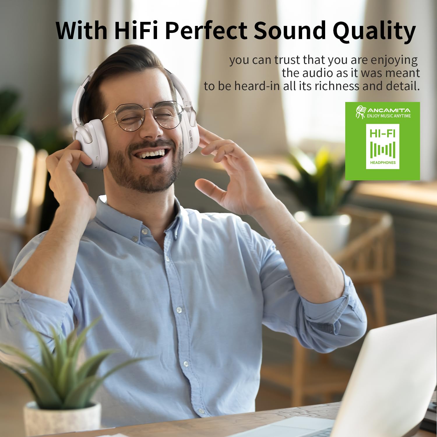 Cuffie con cancellazione del rumore, 50 ore senza fili, cuffie pieghevoli, bassi profondi HiFi, equalizzatore personalizzato, traduzione multilingue, adatte per viaggi, lavoro (bianco sporco)